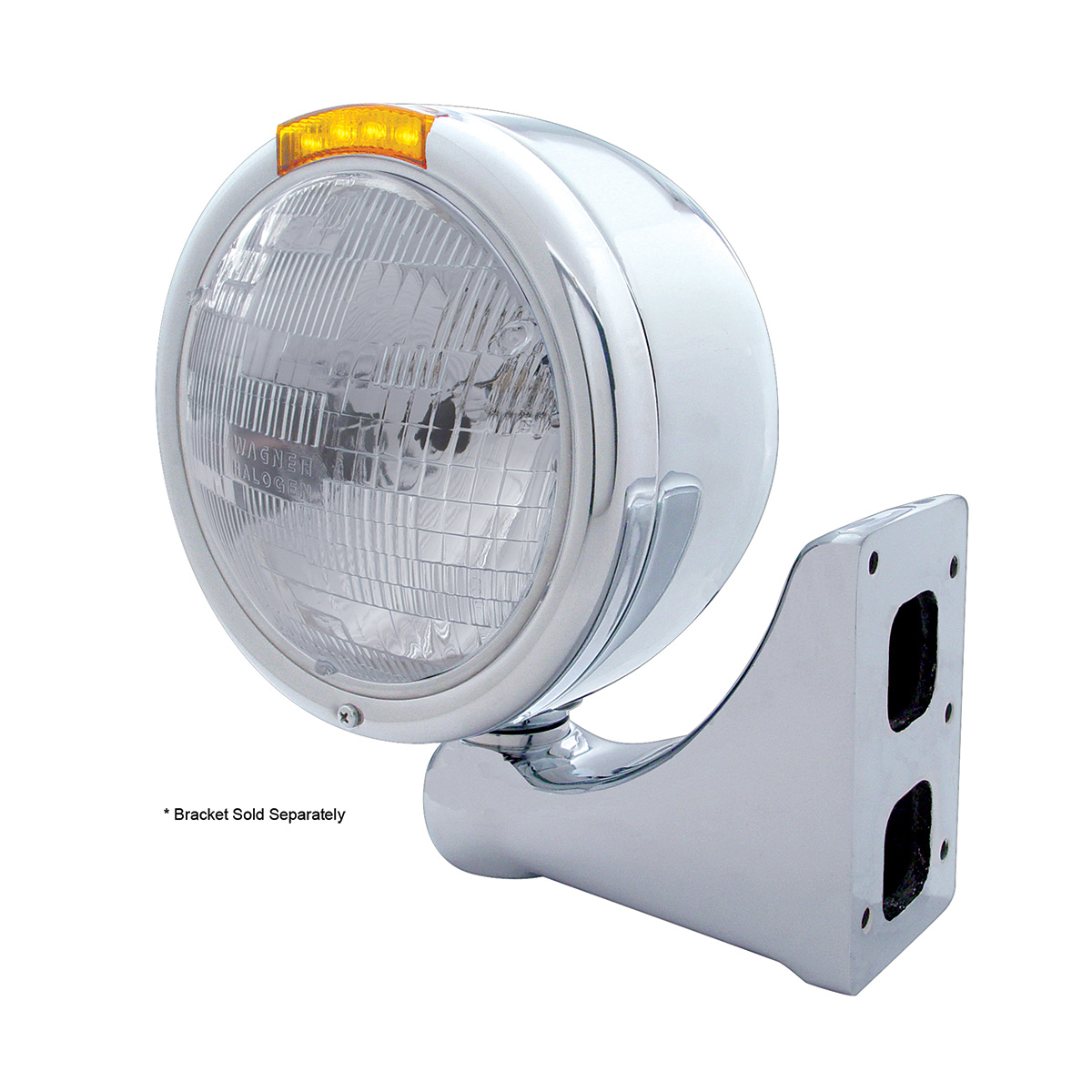 Stainless Steel Classic Half Moon Headlight H6024 Bulb & LED Turn Signal - Amber Lens - Thumbnail 3