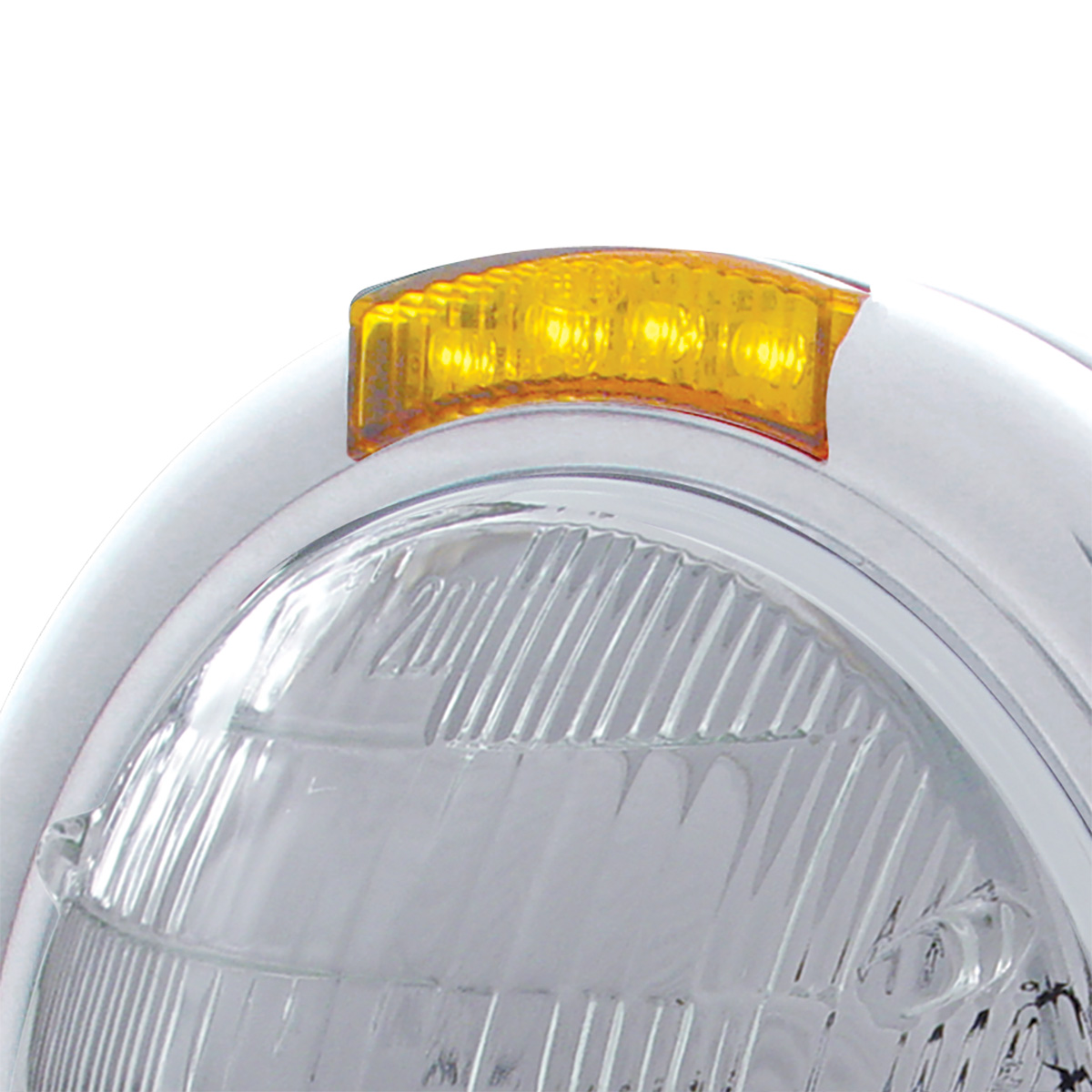 Stainless Steel Classic Headlight 6014 Bulb & LED Turn Signal - Amber Lens - Thumbnail 2