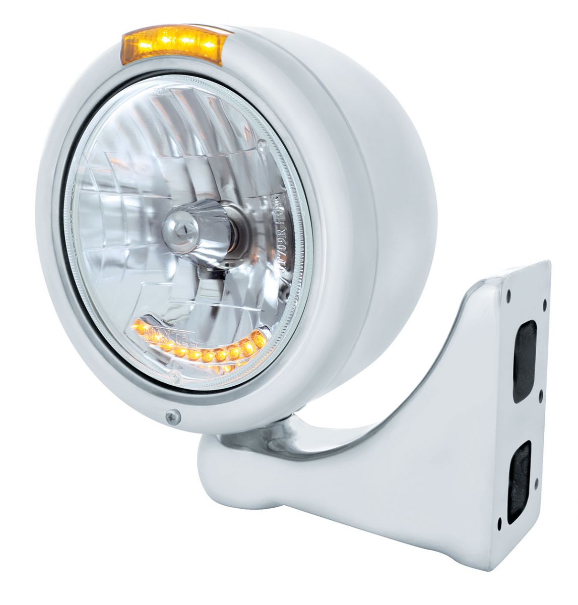 Stainless Steel Classic Half Moon Headlight H4 With LED Turn Signal - Amber LED/Lens - Thumbnail 4