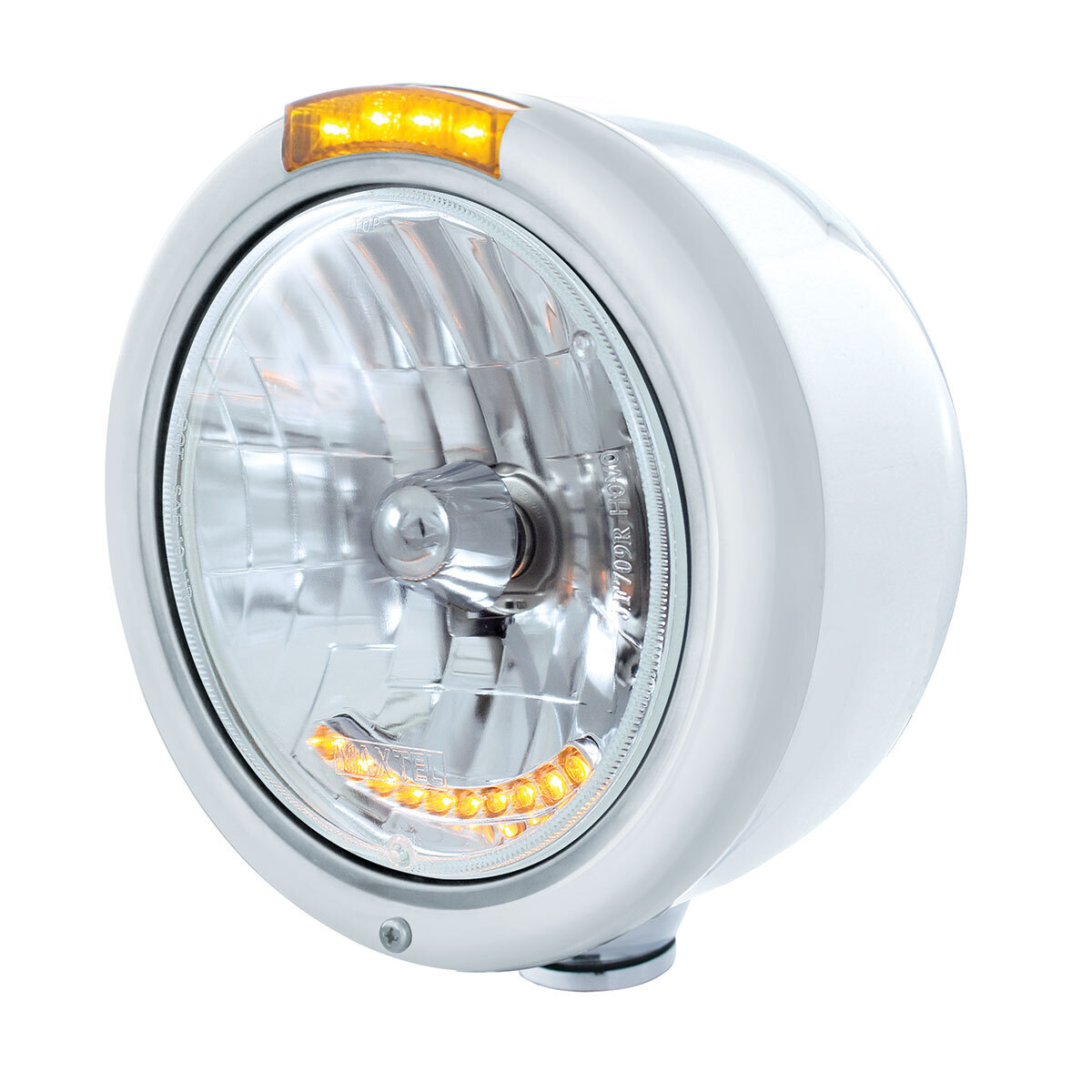 Stainless Steel Classic Half Moon Headlight H4 With LED Turn Signal - Amber LED/Lens - Thumbnail 5