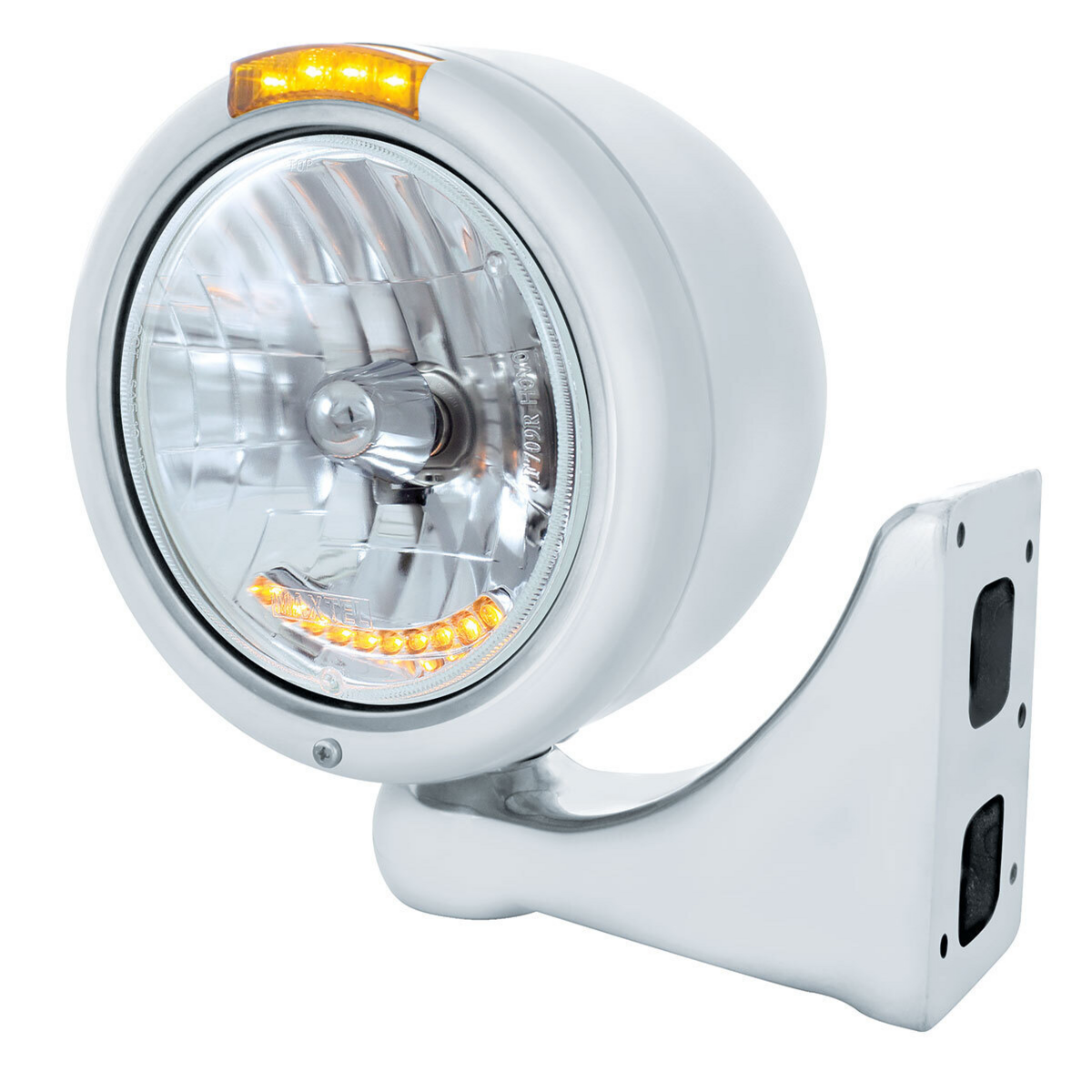 Stainless Steel Classic Half Moon Headlight H4 With LED Turn Signal - Amber LED/Lens - Thumbnail 7