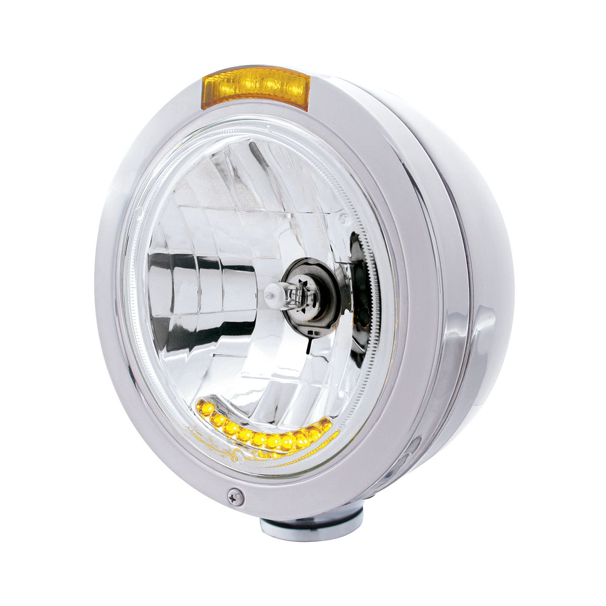 Stainless Steel Bullet Classic Headlight H4 With 10 Amber LED & LED Signal - Amber Lens
