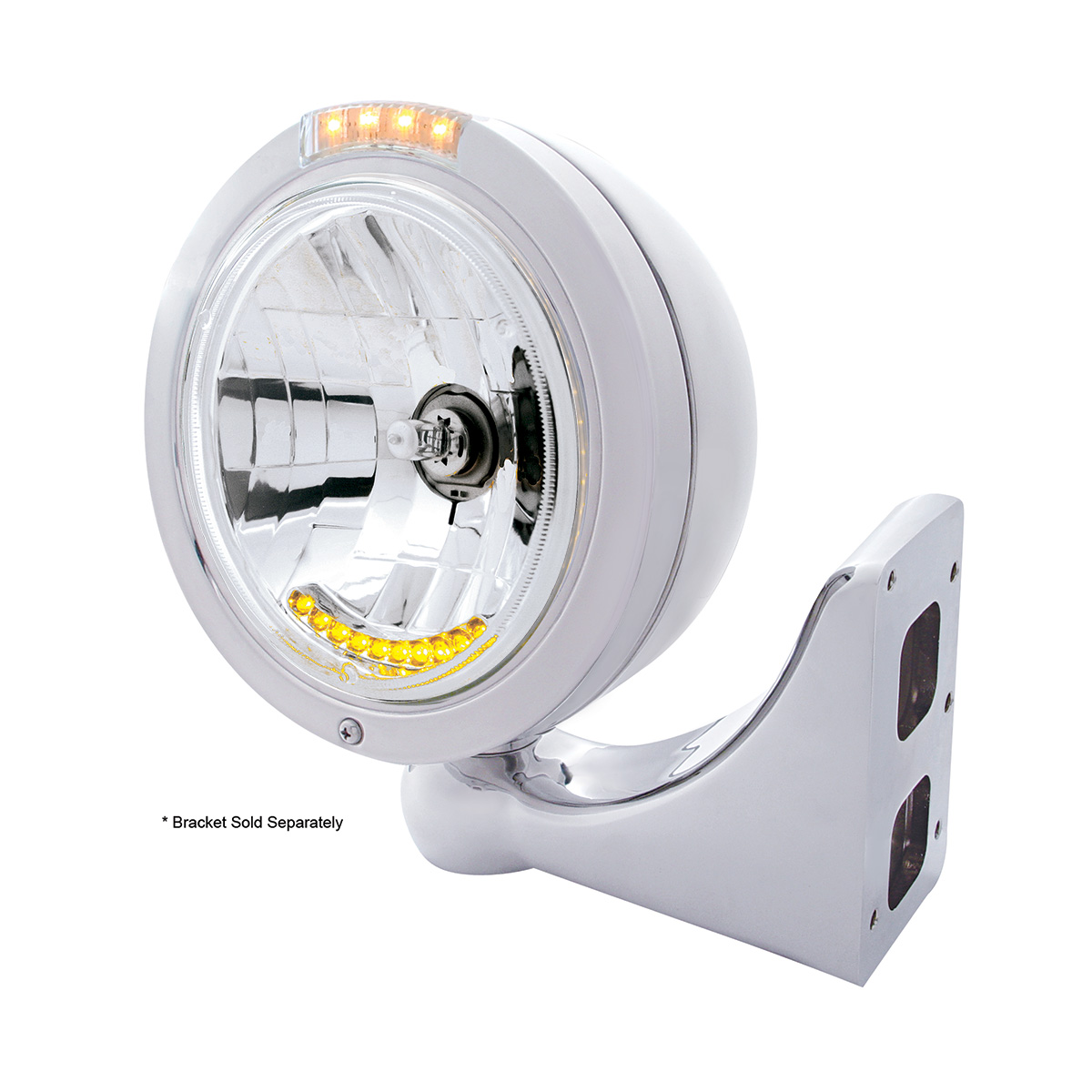 Stainless Steel Bullet Classic Headlight H4 With 10 Amber LED & LED Signal - Clear Lens - Thumbnail 4