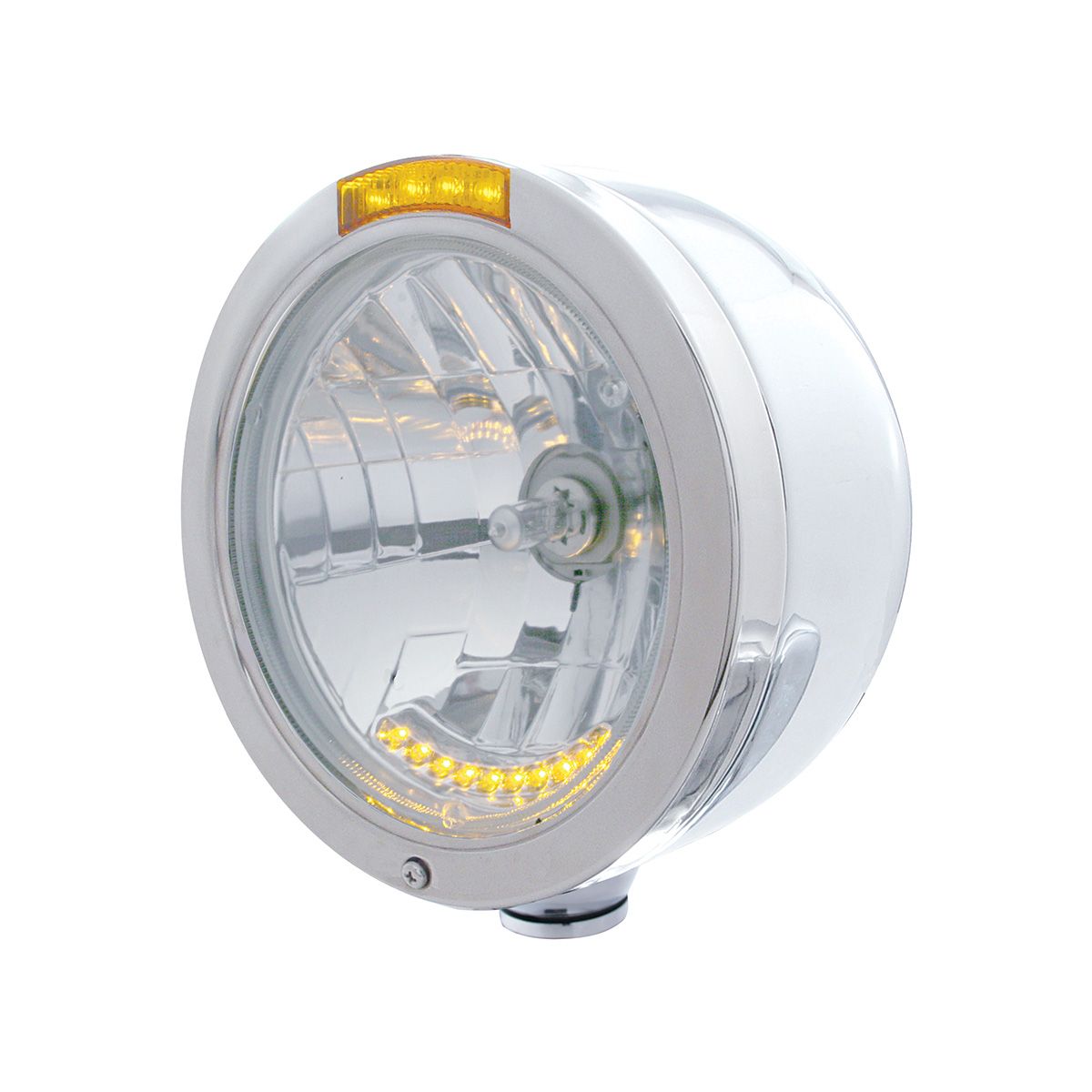 Stainless Steel Bullet Half Moon Headlight H4 With 10 Amber LED & Dual Mode LED Signal-Amber Lens