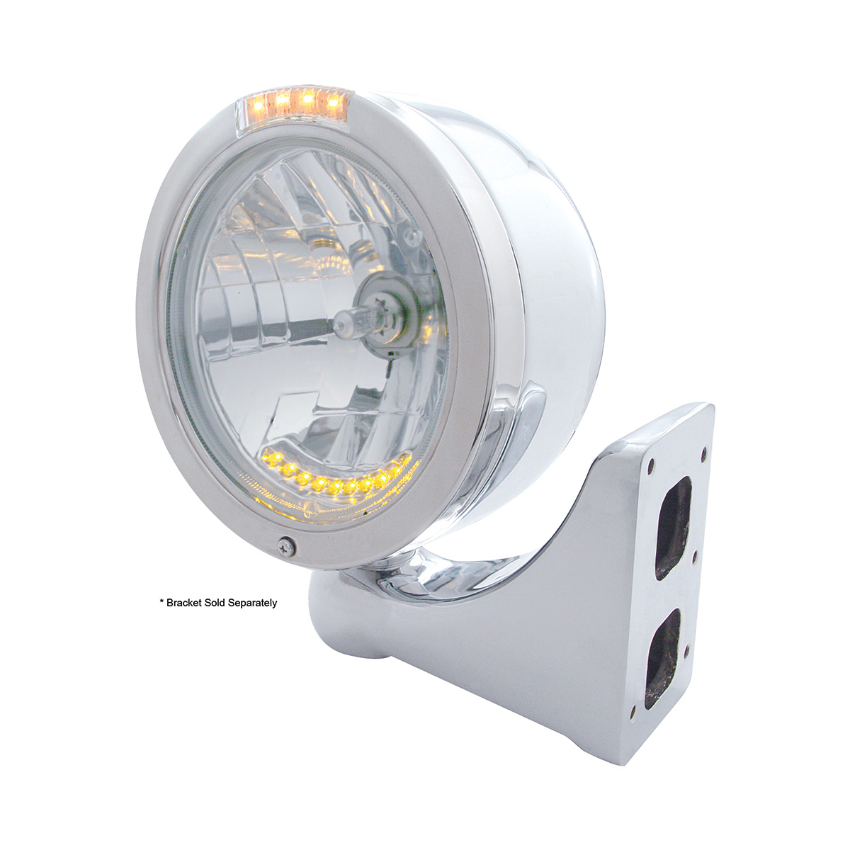 Stainless Steel Bullet Half Moon Headlight H4 With 10 Amber LED & Dual Mode LED Signal-Clear Lens - Thumbnail 4