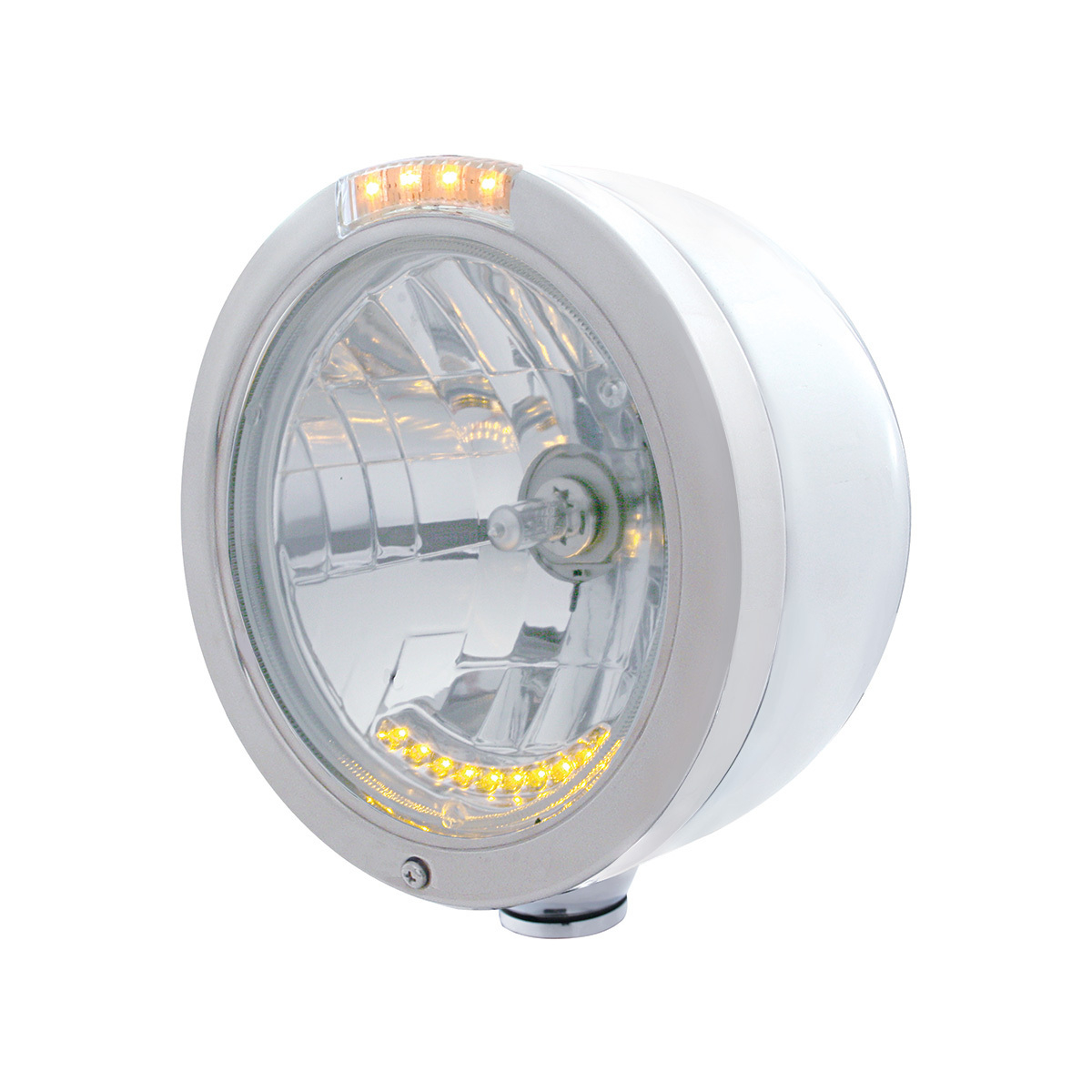 Stainless Steel Bullet Half Moon Headlight H4 With 10 Amber LED & Signal - Clear Lens - Thumbnail 5