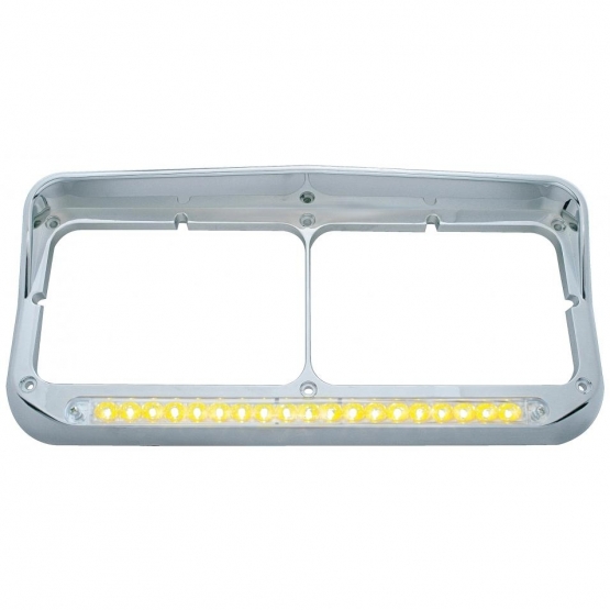 Chrome Rectangular Dual Headlight Bezel With Visor & 19 LED Light Bar - Amber LED/Clear Lens
