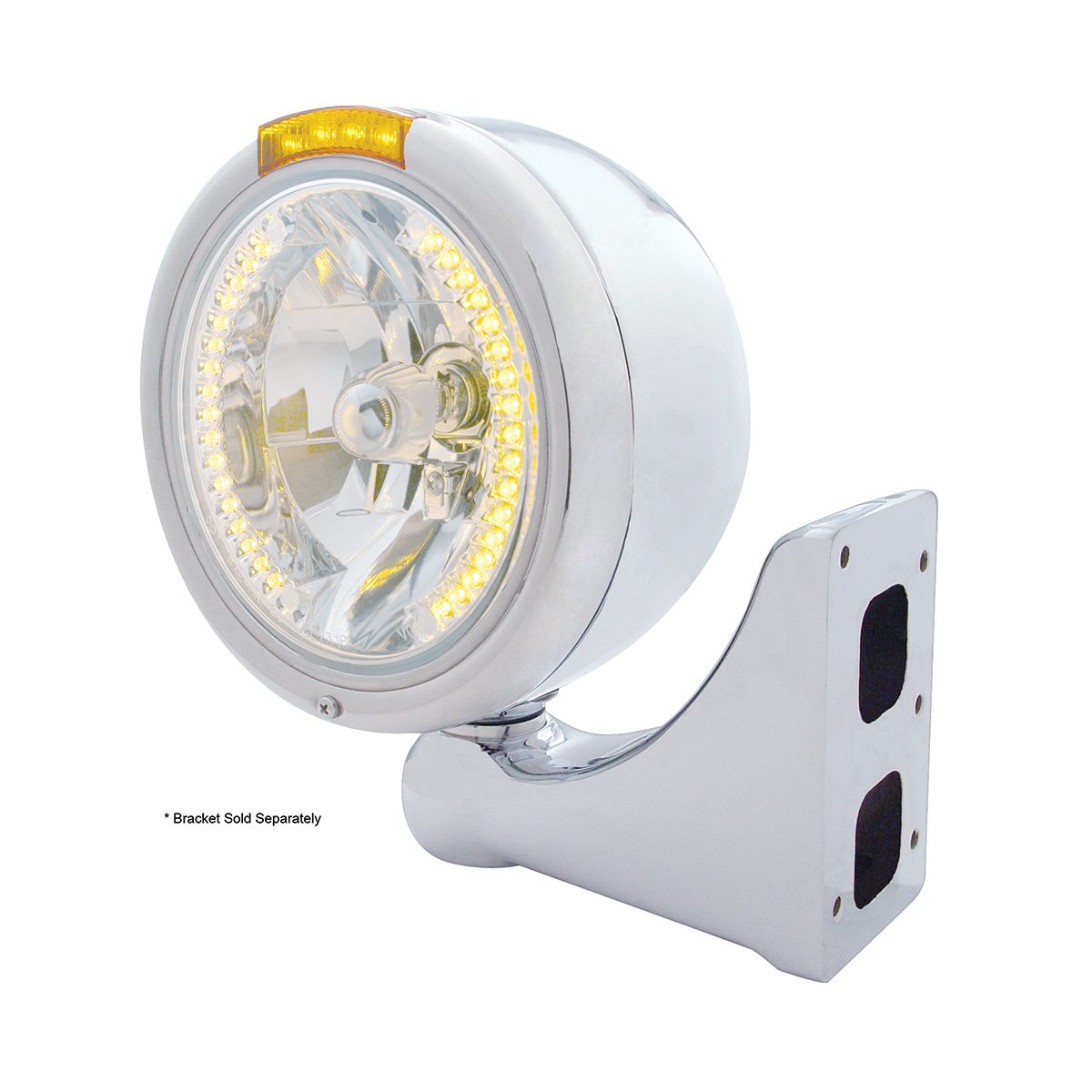 Stainless Steel Classic Half Moon Headlight H4 With Amber LED & Signal - Amber Lens - Thumbnail 4