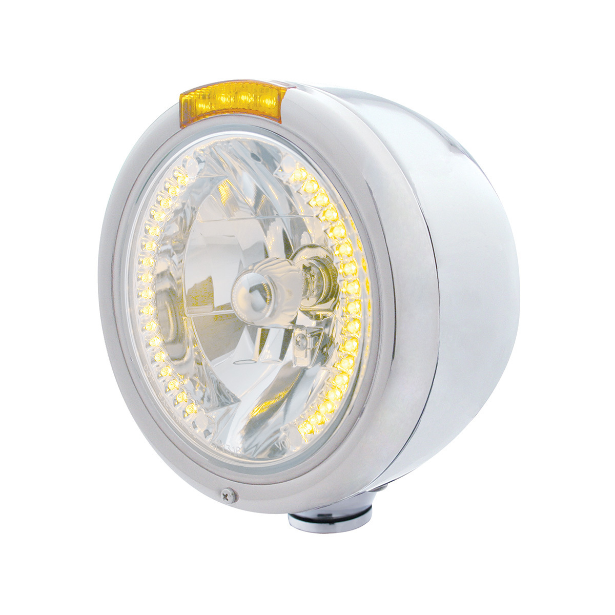 Stainless Steel Classic Half Moon Headlight H4 With Amber LED & Signal - Amber Lens - Thumbnail 5