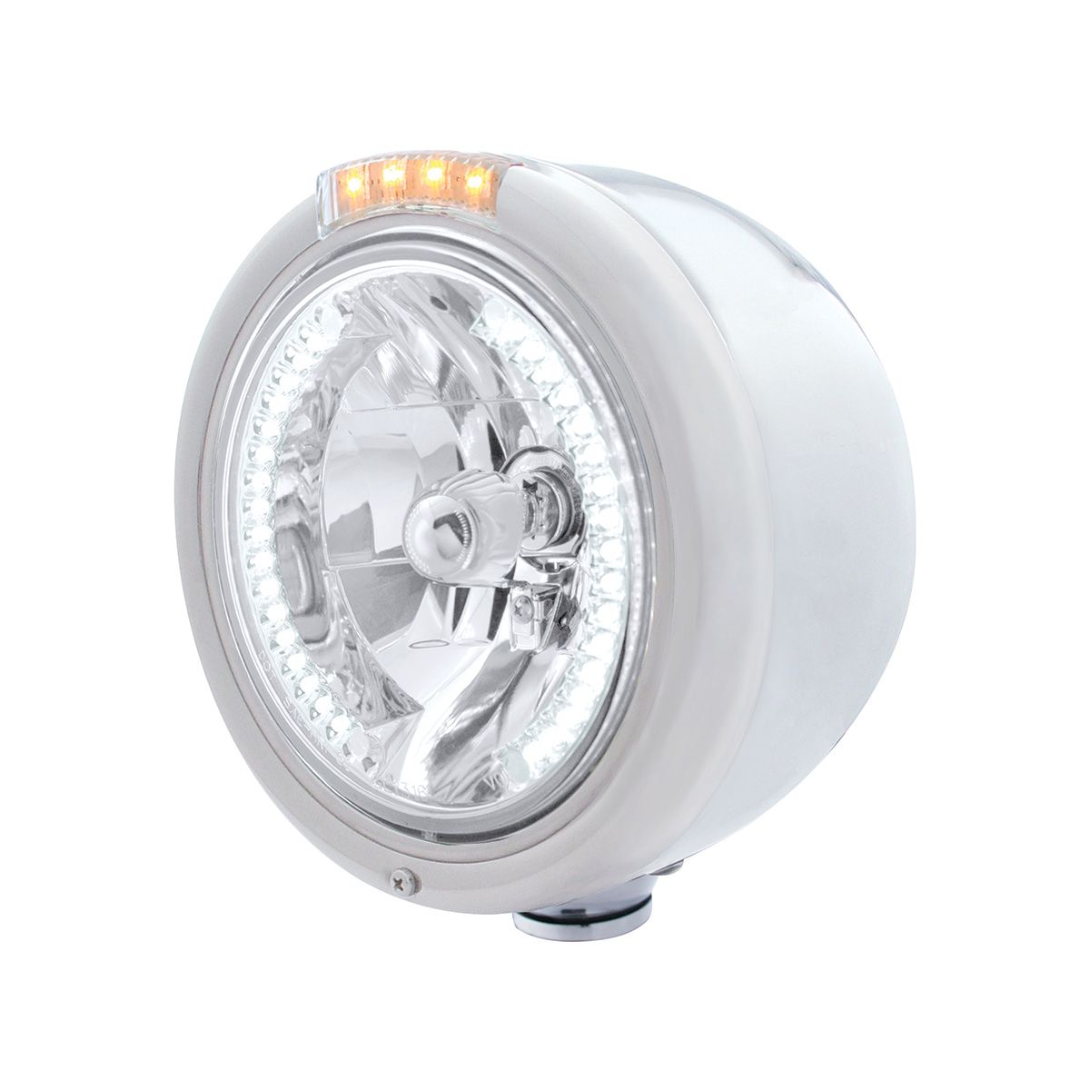 Stainless Steel Classic Half Moon Headlight H4 With White LED & Signal - Clear Lens