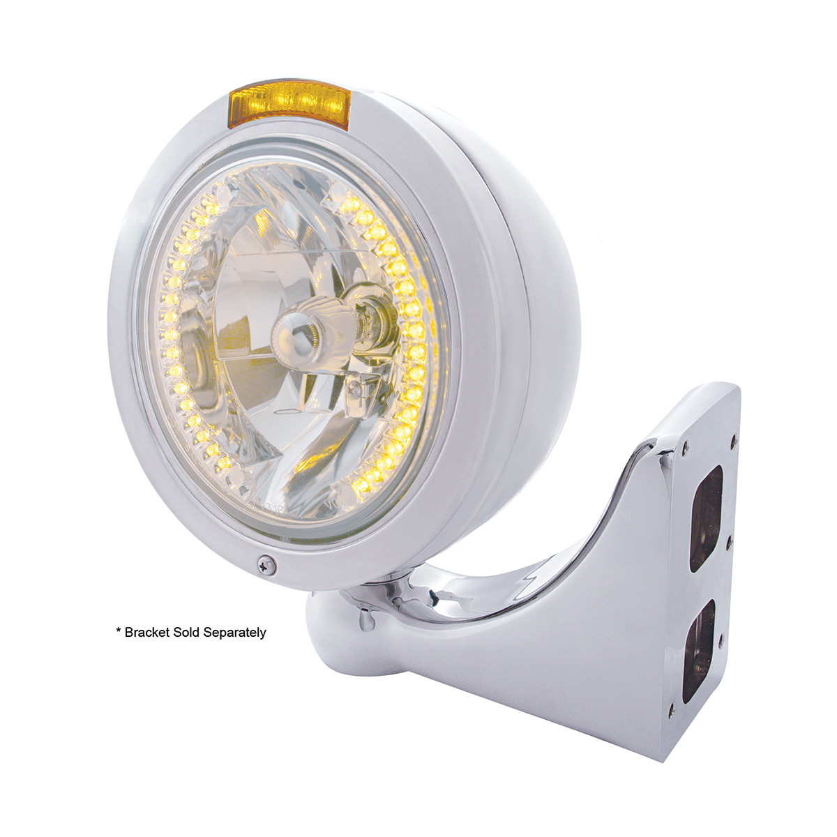 Stainless Steel Bullet Classic Headlight H4 With Amber LED & Dual Mode LED Signal - Amber Lens - Thumbnail 4