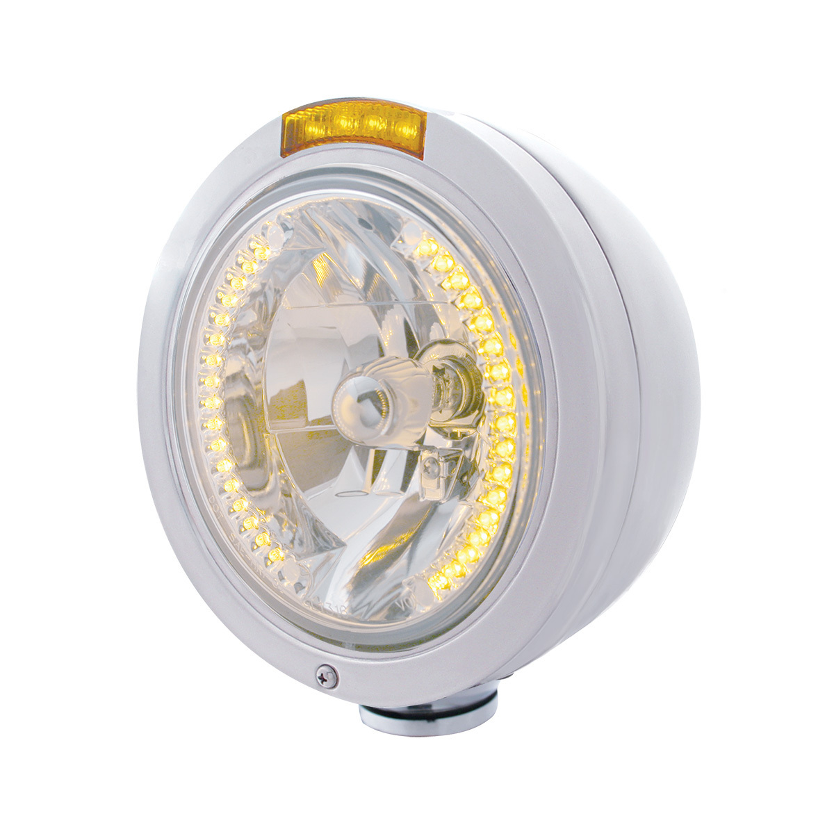 Stainless Steel Bullet Classic Headlight H4 With Amber LED & Dual Mode LED Signal - Amber Lens - Thumbnail 6