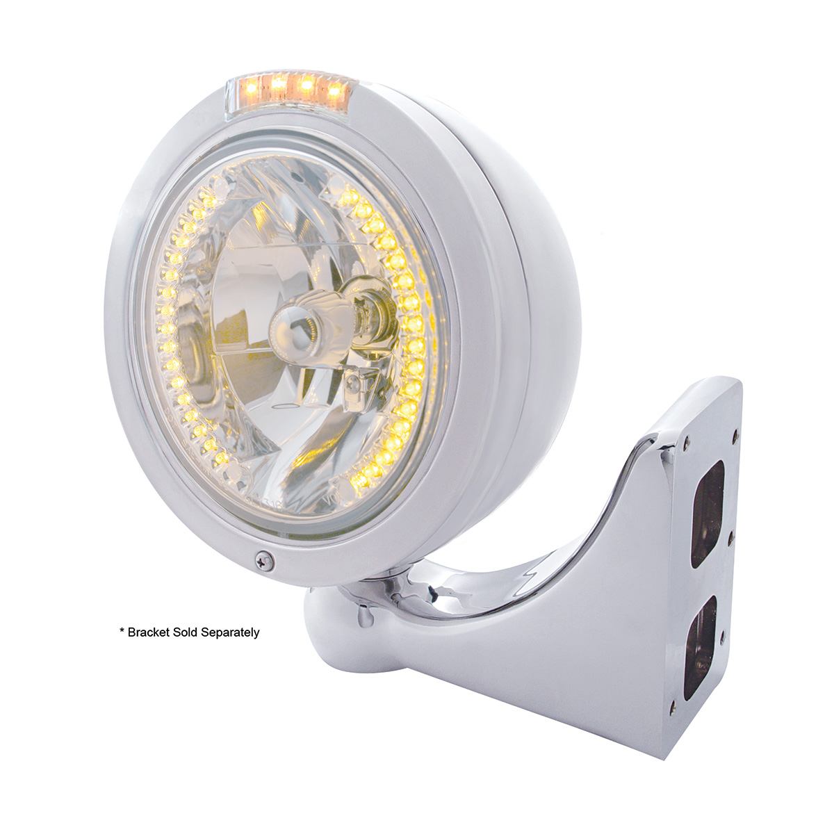 Stainless Steel Bullet Classic Headlight H4 With Amber LED & Dual Mode LED Signal - Clear Lens - Thumbnail 4