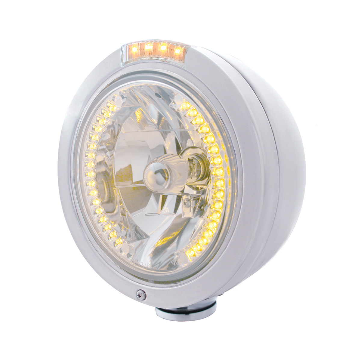 Stainless Steel Bullet Classic Headlight H4 With Amber LED & Signal - Clear Lens - Thumbnail 6