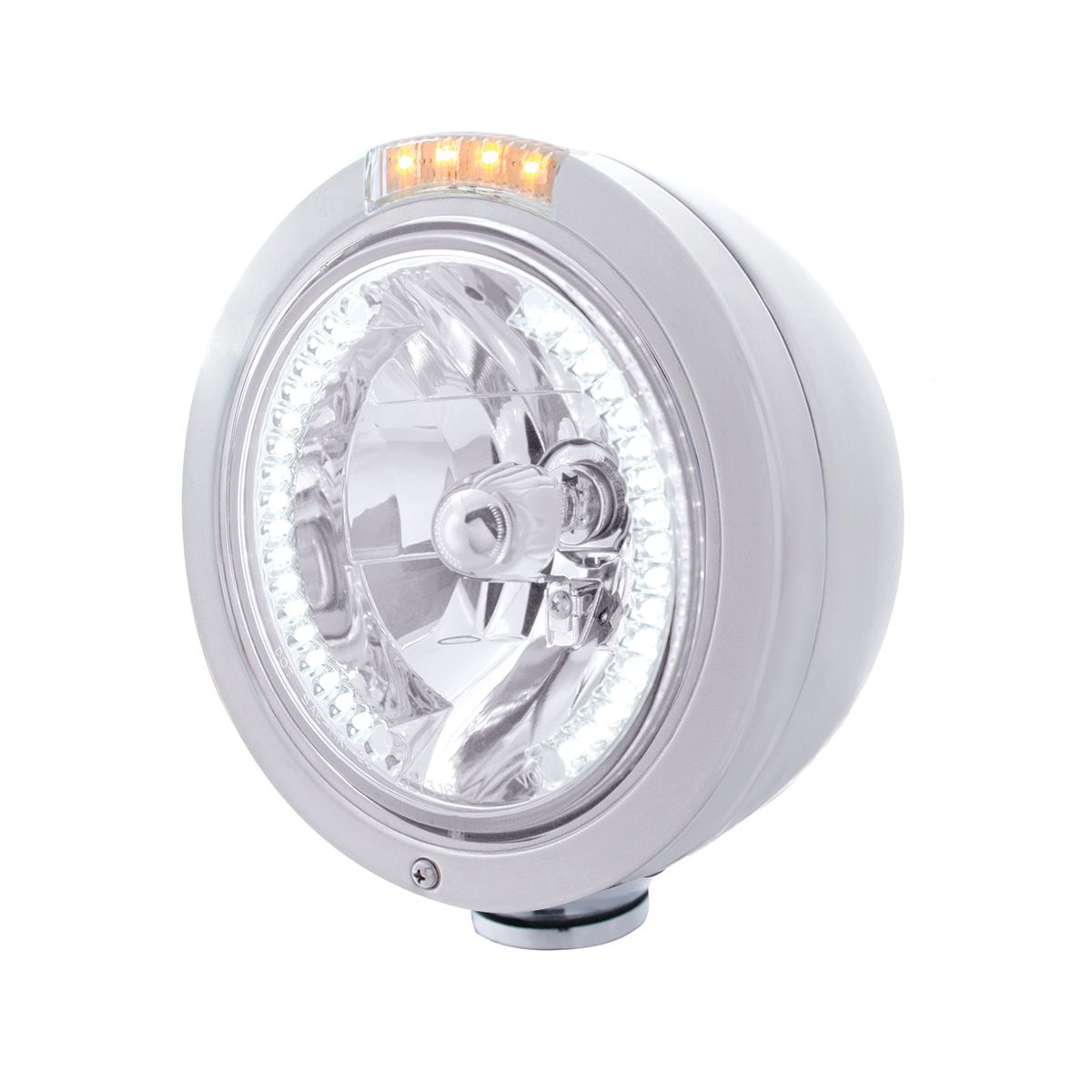 Stainless Steel Bullet Classic Headlight H4 With White LED & Dual Mode LED Signal-Clear Lens