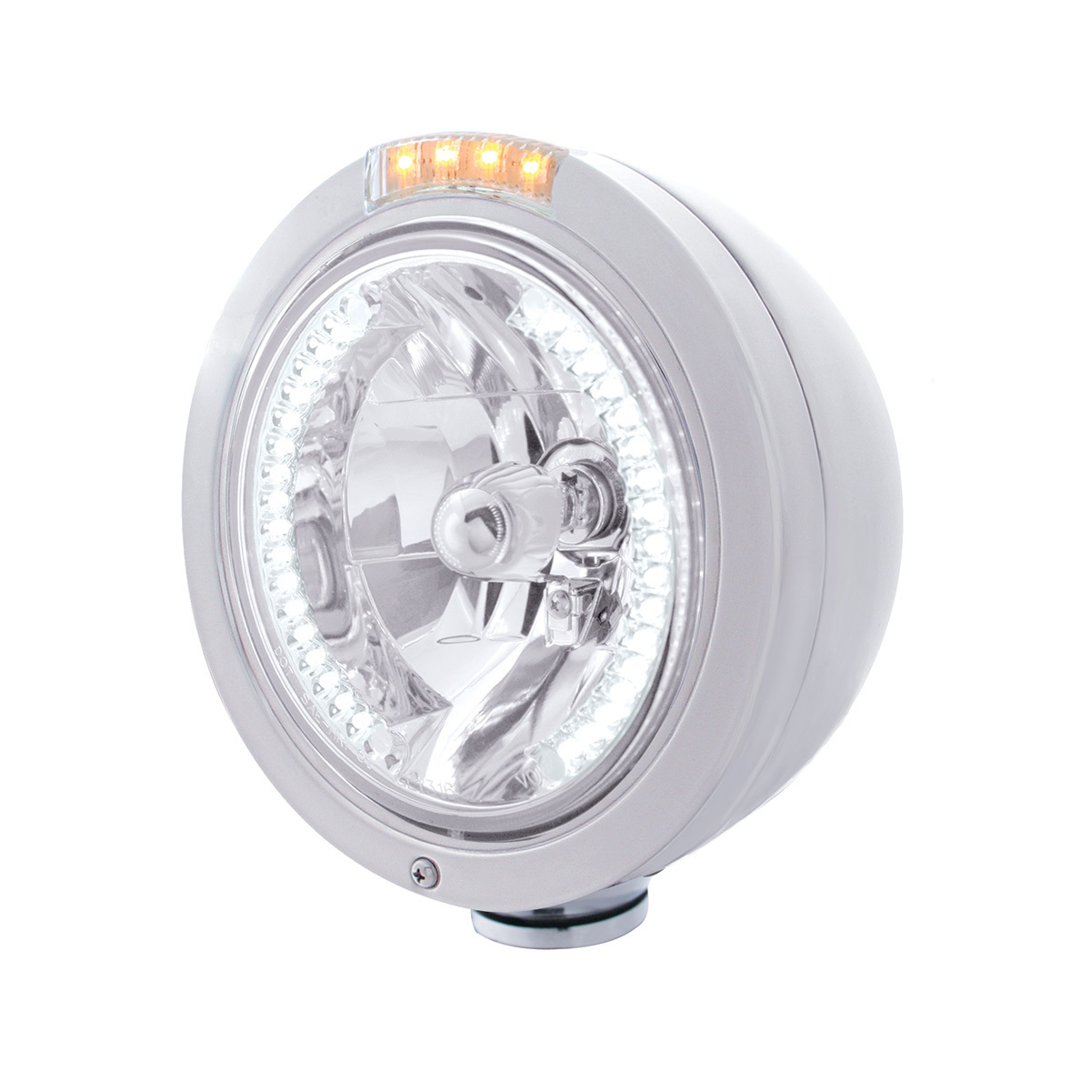 Stainless Steel Bullet Classic Headlight H4 With White LED & Dual Mode LED Signal-Clear Lens - Thumbnail 6