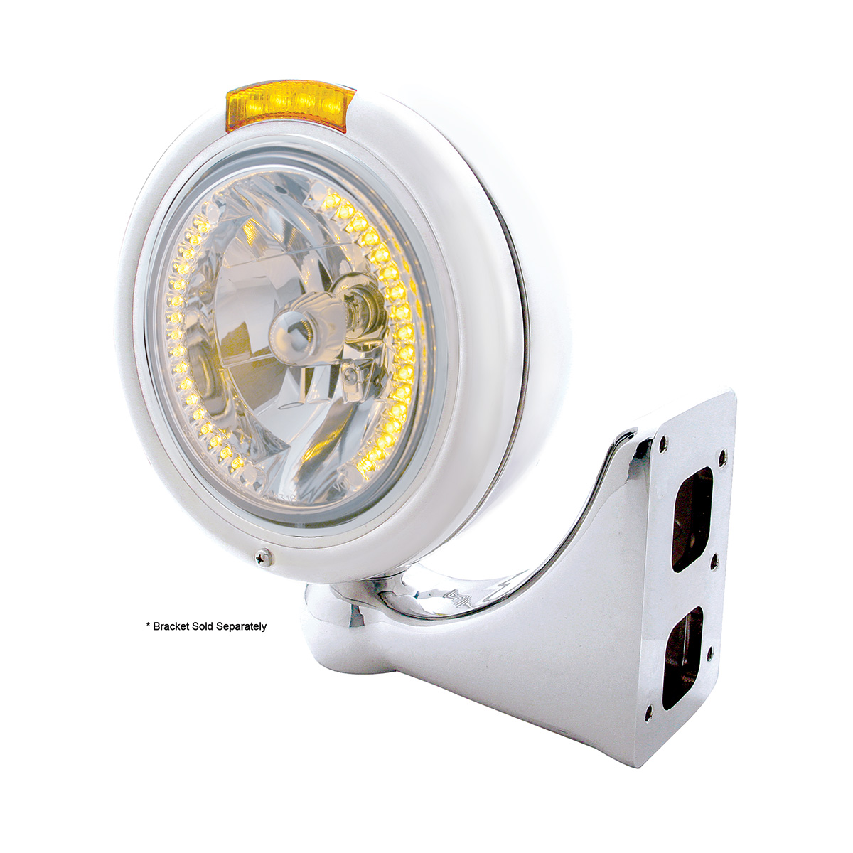Stainless Steel Classic Headlight H4 With 34 Amber LED & Dual Mode LED Signal - Amber Lens - Thumbnail 4