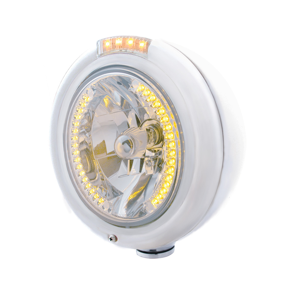Stainless Steel Classic Headlight H4 With 34 Amber LED & Dual Mode LED Signal - Clear Lens - Thumbnail 6