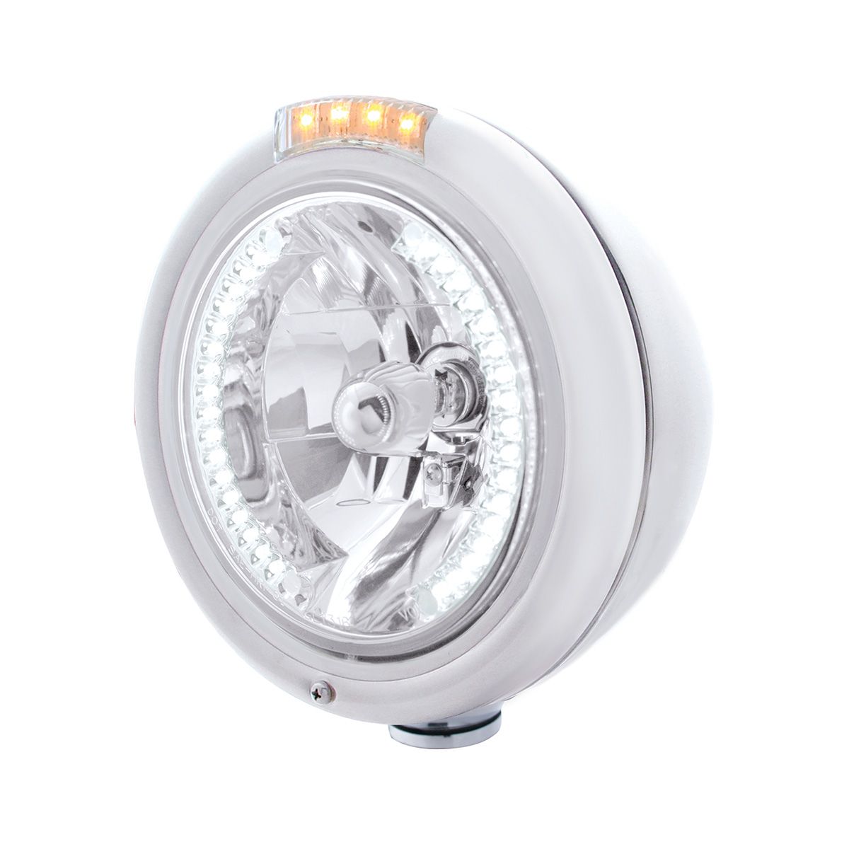 Stainless Steel Classic Headlight H4 With 34 White LED & Signal - Clear Lens