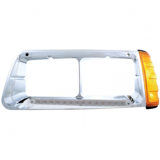 14 LED Headlight Bezel With Turn Signal For 1989-2009 Freightliner FLD - Driver - Amber LED/Clear Lens