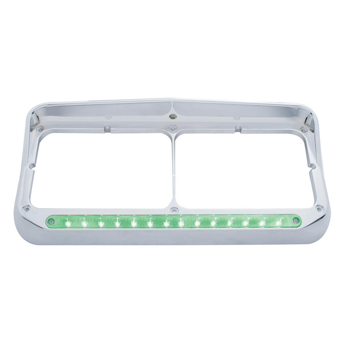 14 LED Chrome Rectangular Dual Headlight Bezel With Visor - Green LED/Clear Lens