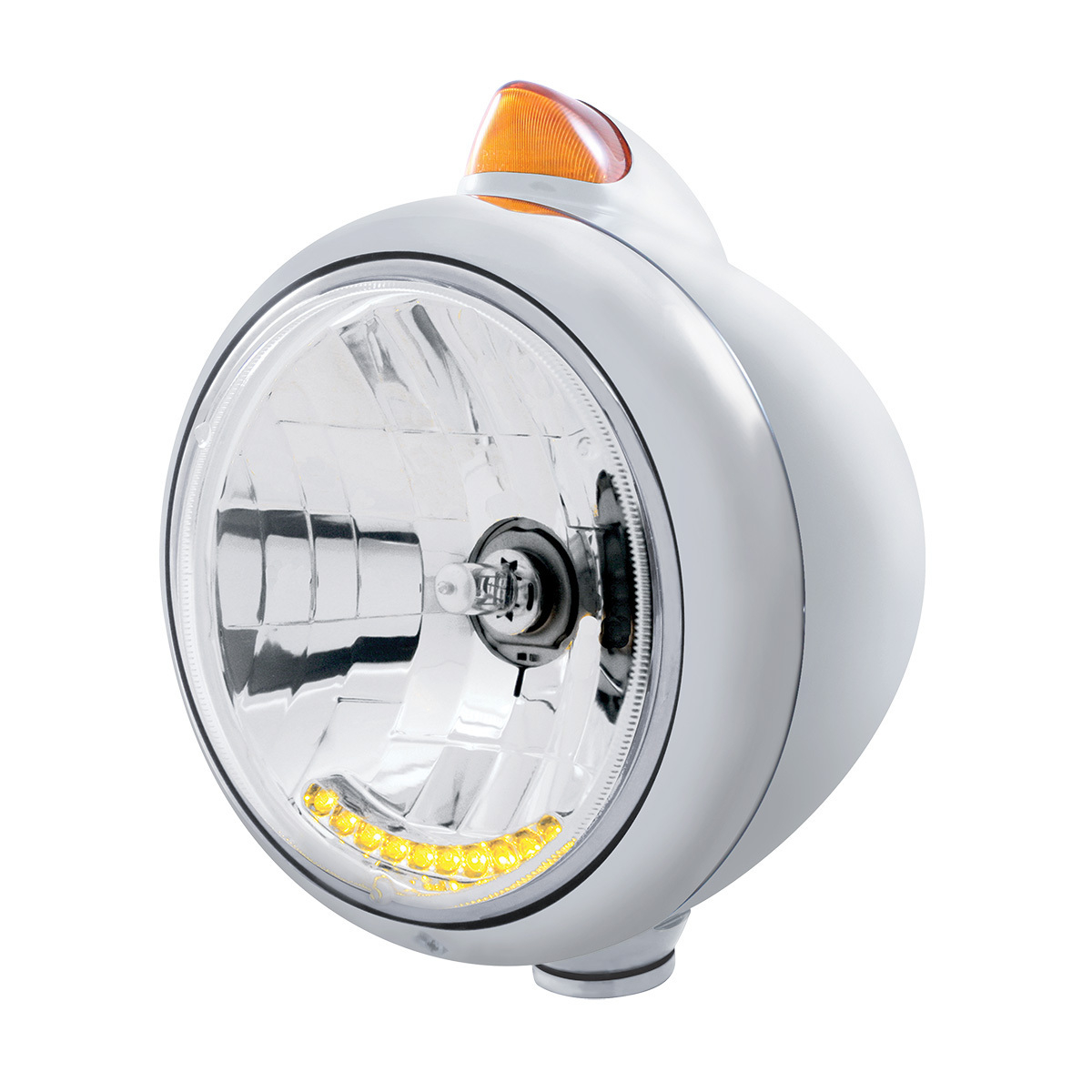 Chrome Guide 682-C Headlight H4 With 10 Amber LED & Original Style Turn - Amber Lens - Thumbnail 4