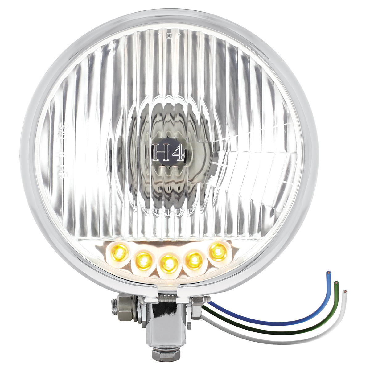 Chrome 5-3/4" Motorcycle Headlight H4 Bulb With 5 Amber LED - Bottom Mount - Thumbnail 4