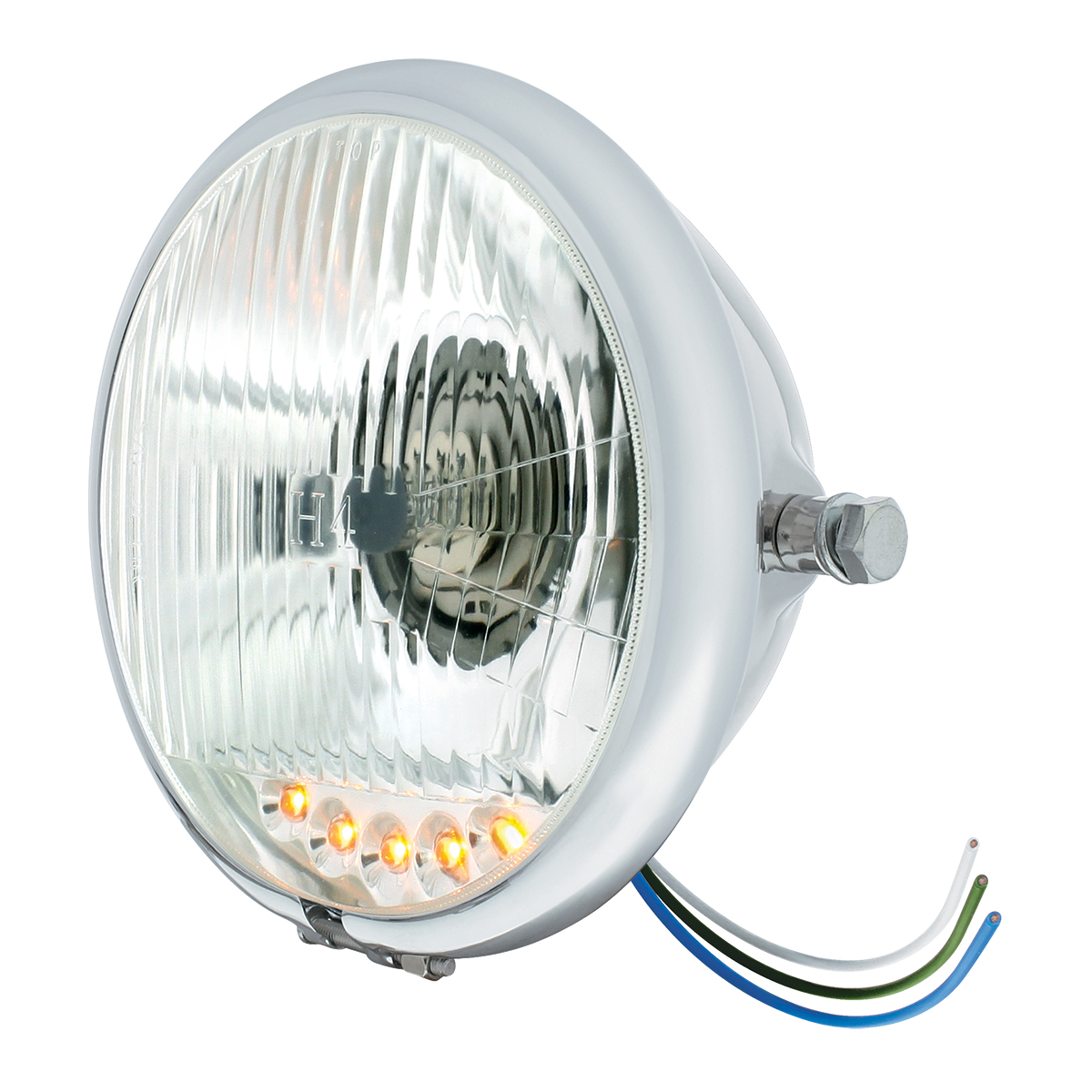 Chrome 5-3/4" Motorcycle Headlight H4 Bulb With 5 Amber LED - Side Mount - Thumbnail 2