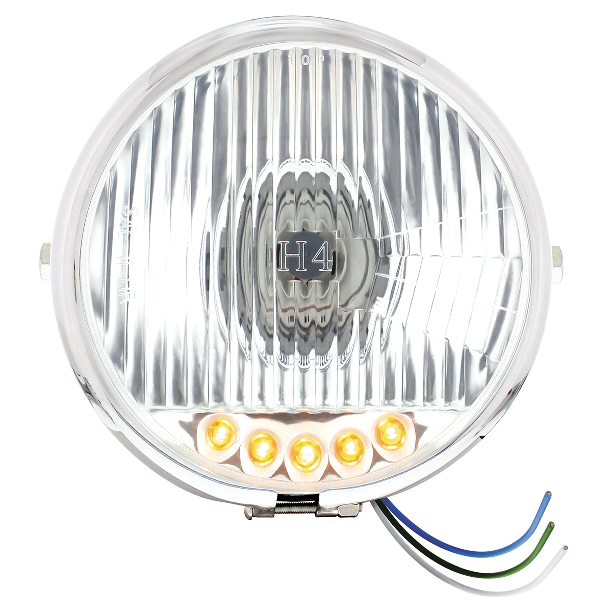 Chrome 5-3/4" Motorcycle Headlight H4 Bulb With 5 Amber LED - Side Mount - Thumbnail 4