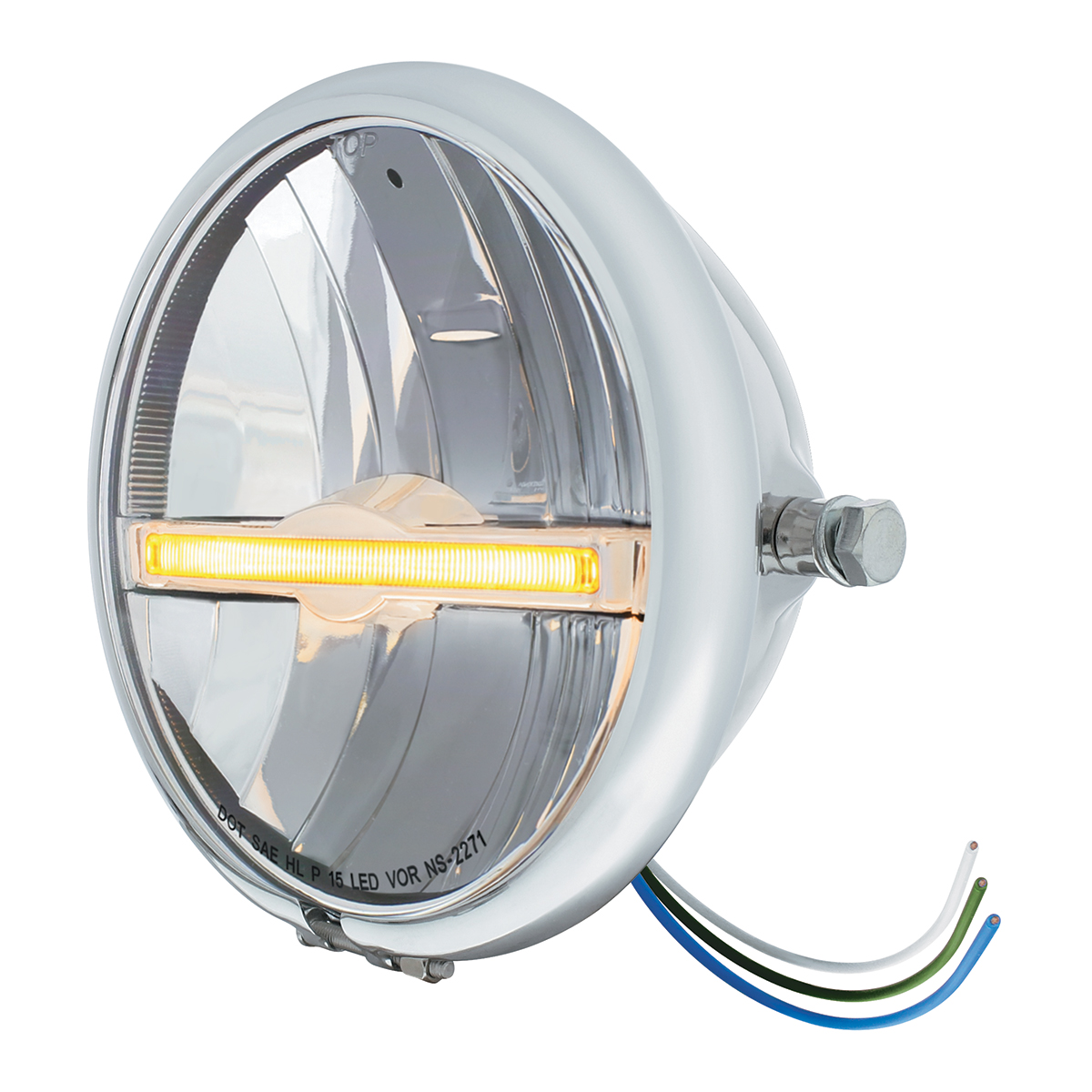 Chrome 5-3/4" Motorcycle Headlight 9 LED Bulb With Amber LED Light Bar - Side Mount - Thumbnail 2