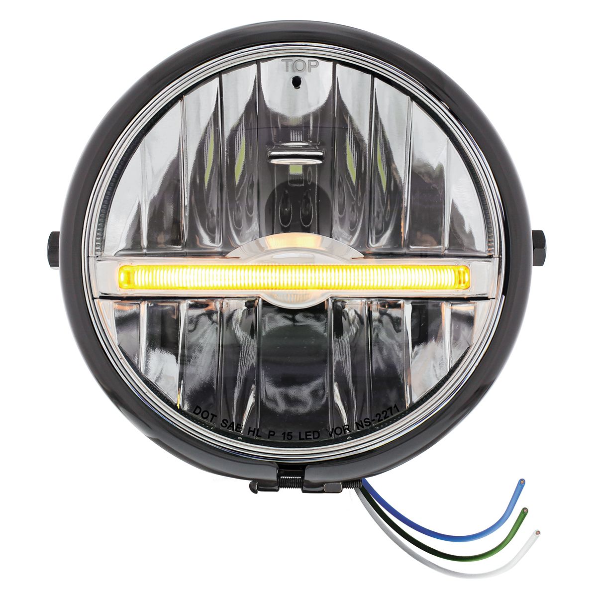 Black 5-3/4" Motorcycle Headlight 9 LED Bulb With Amber LED Light Bar - Side Mount