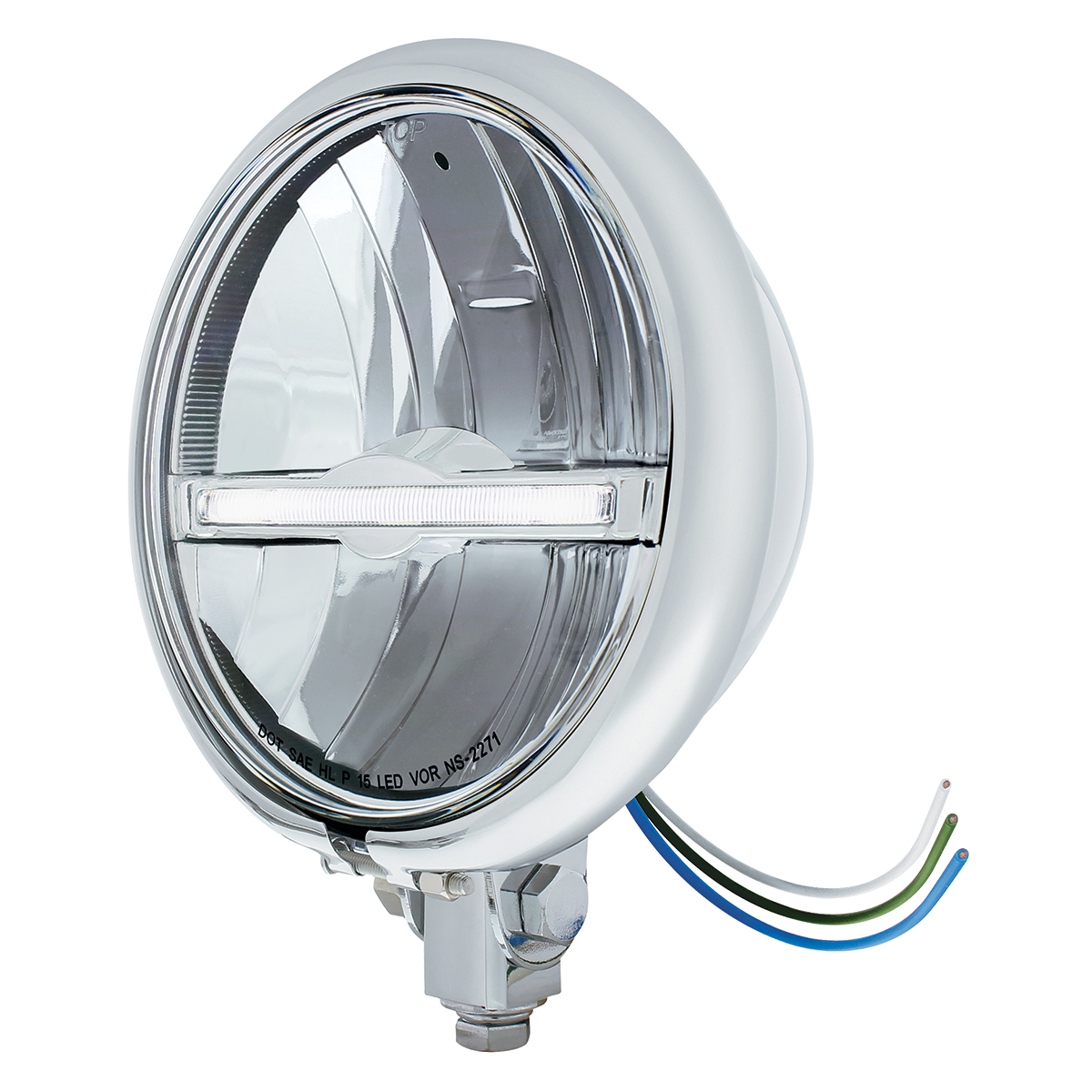 Chrome 5-3/4" Motorcycle Headlight 9 LED Bulb With White LED Light Bar - Bottom Mount - Thumbnail 2