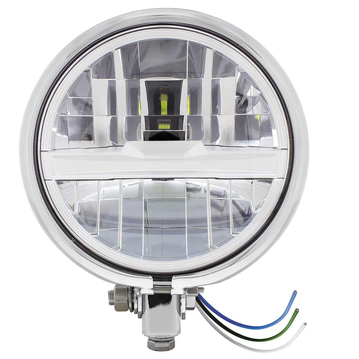 Chrome 5-3/4" Motorcycle Headlight 8 LED Bulb With Silver Bar - Bottom Mount