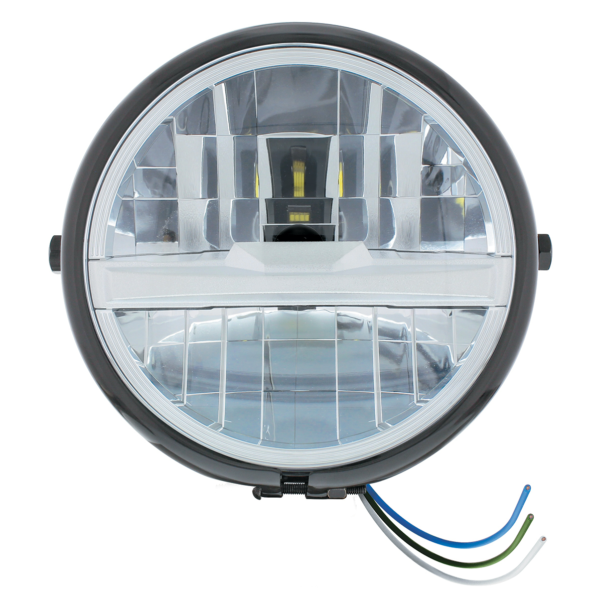 Black 5-3/4" Motorcycle Headlight 8 LED Bulb With Silver Bar - Side Mount - Thumbnail 4