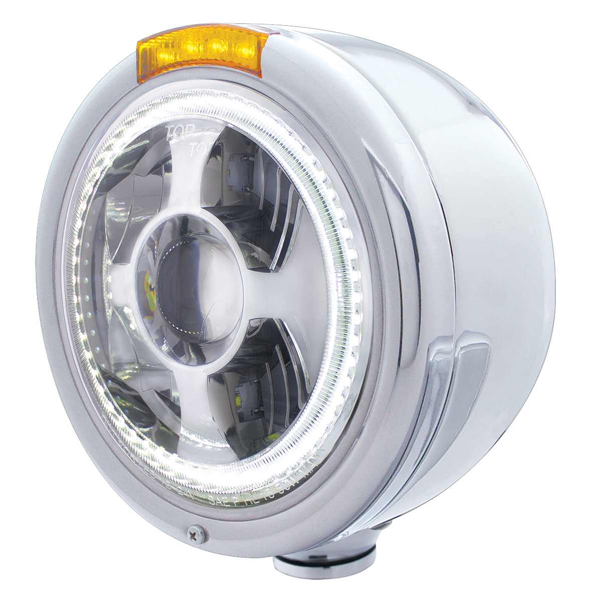 Stainless Steel Bullet Half Moon Headlight LED Projection Headlight & LED Turn Signal - Amber Lens - Thumbnail 2