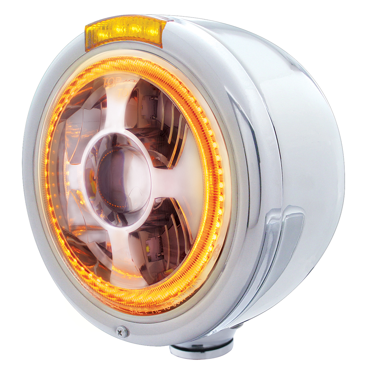 Stainless Steel Bullet Half Moon Headlight LED Projection Headlight & LED Turn Signal - Amber Lens - Thumbnail 6