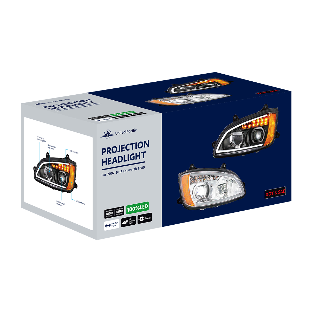 Chrome Full LED Projection Headlight With Turn Signal & Position Light Bar For 2008-2017 Kenworth T660 - Passenger - Thumbnail 8