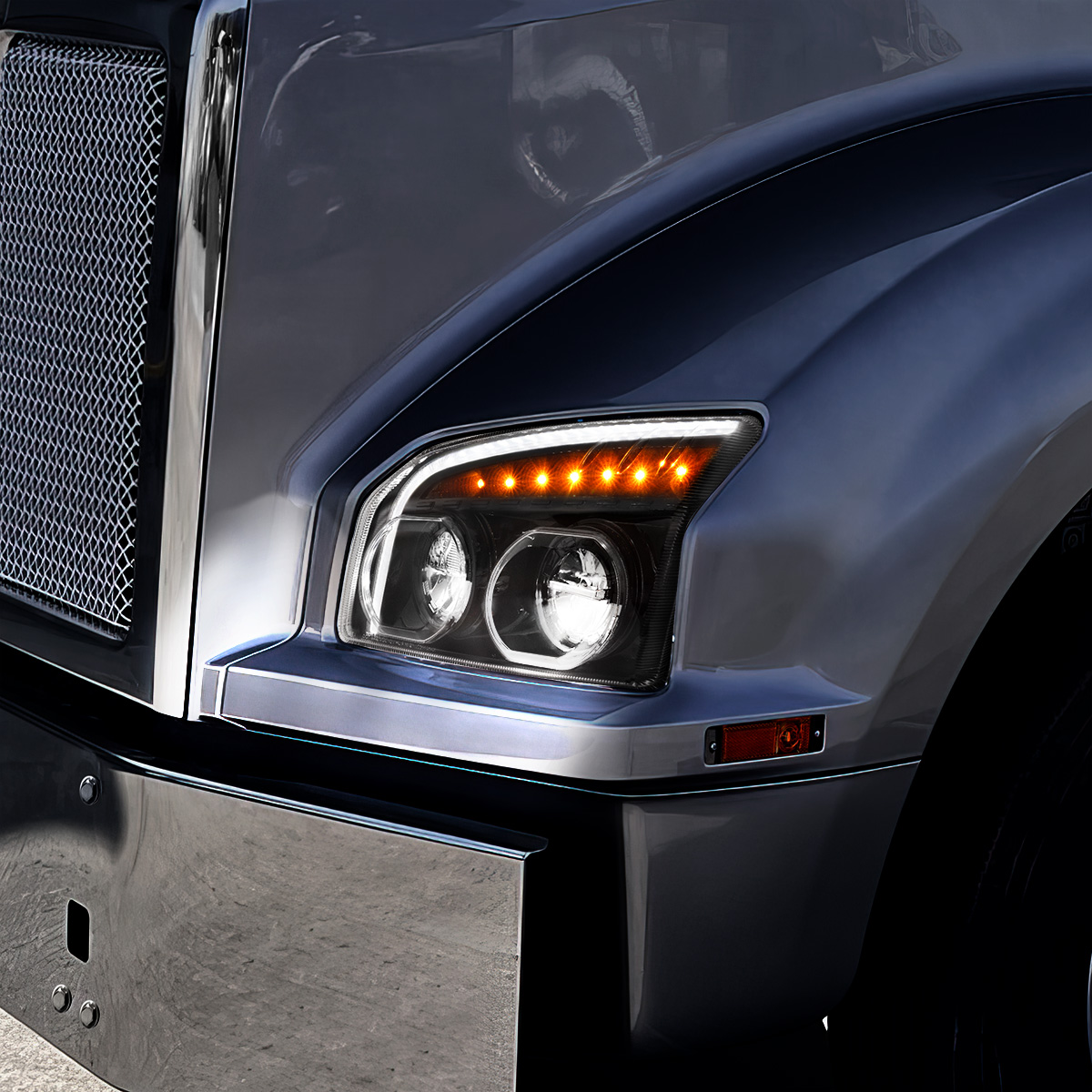 High Power LED Blackout Headlight With LED Turn Signal & Light Bar For 2015-2025 Kenworth T880-Driver - Thumbnail 14