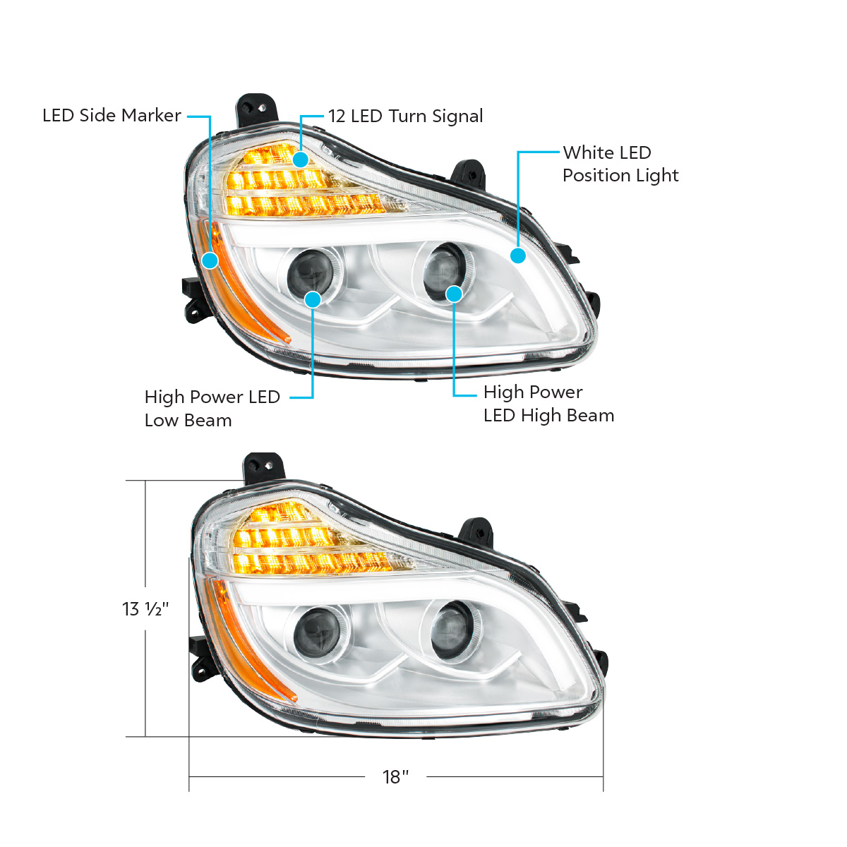 Chrome 8 LED Projection Headlight For 2013-2021 Kenworth T680-Passenger - Thumbnail 8