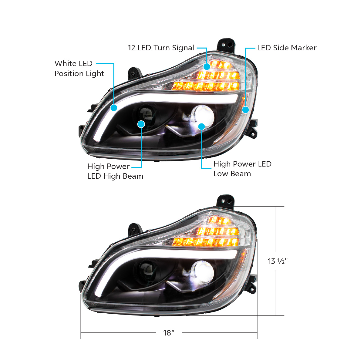 Blackout 8 LED Projection Headlight For 2013-2021 Kenworth T680-Driver - Thumbnail 6