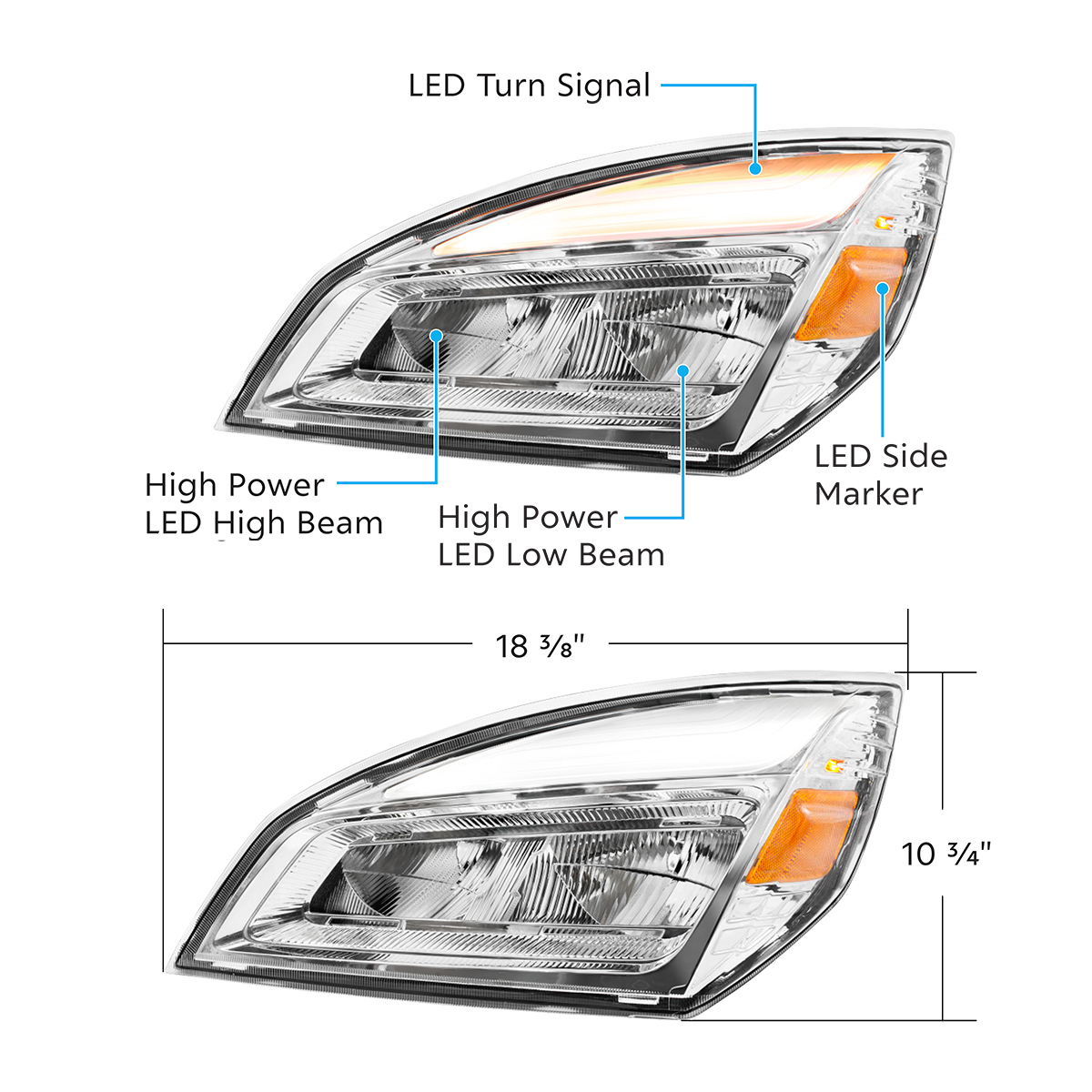 High Power Chrome LED Headlight For 2018-2024 Freightliner Cascadia-Driver - Thumbnail 7