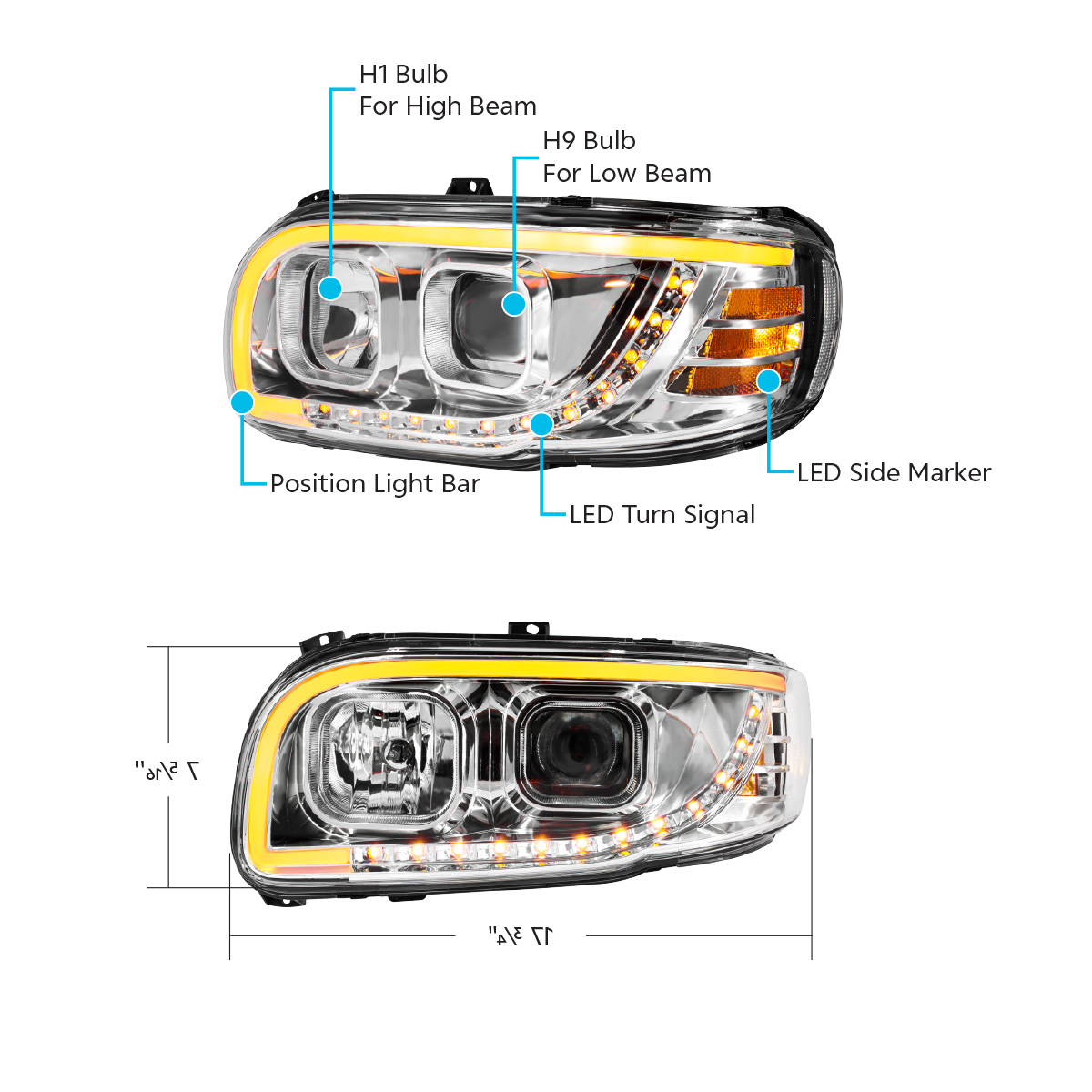 Chrome Projection Headlight With LED Turn Signal & Light Bar For 2008-2024 Peterbilt 389-Driver - Thumbnail 8