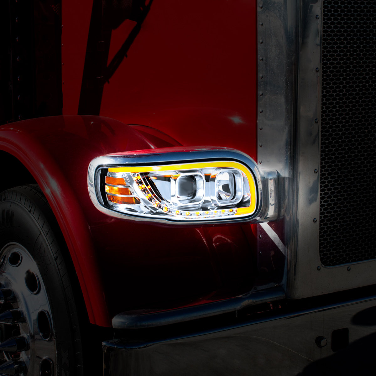 Chrome Projection Headlight With LED Turn Signal & Light Bar For 2008-2024 Peterbilt 389-Driver - Thumbnail 10