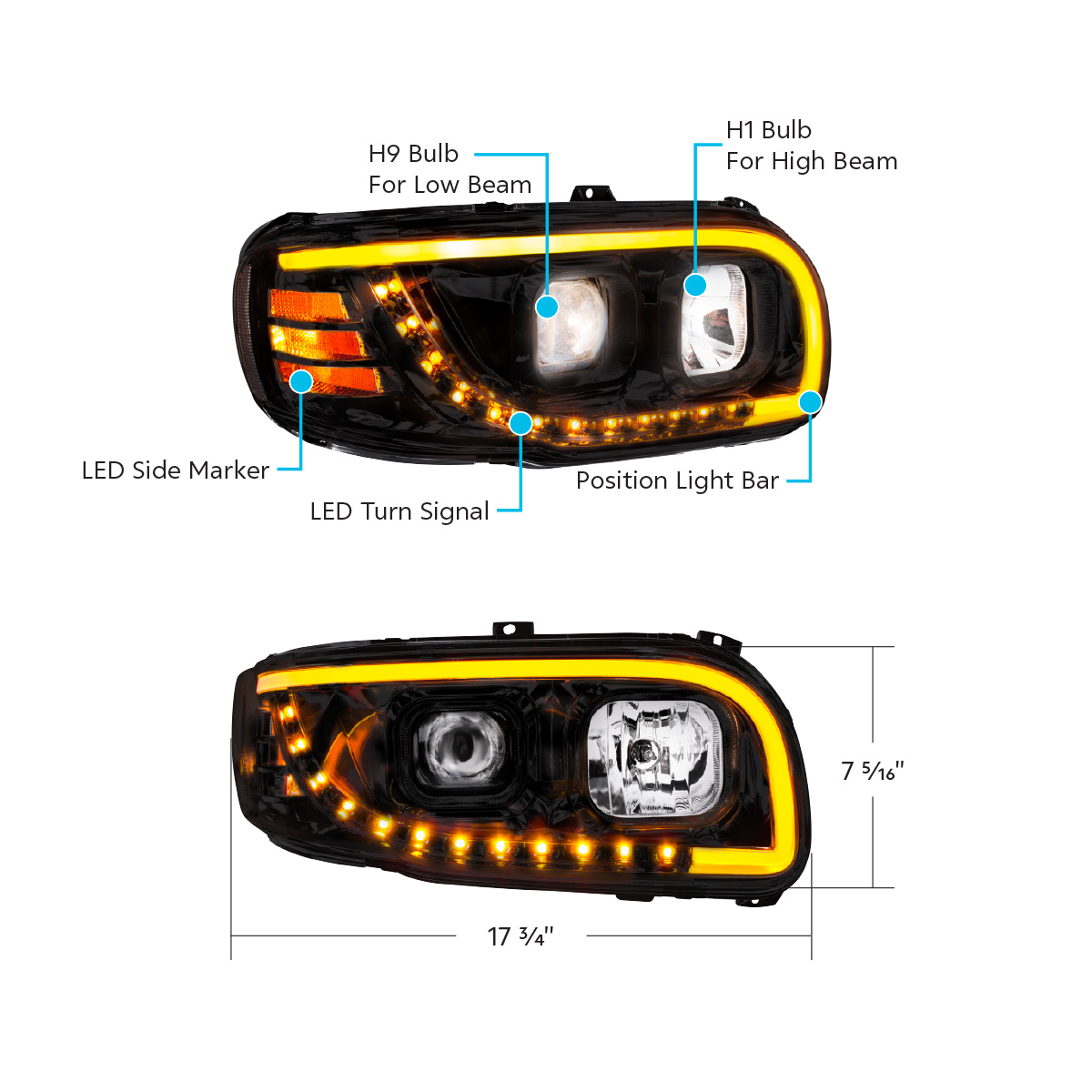 Blackout Projection Headlight With LED Turn Signal & Light Bar For 2008-2024 Peterbilt 389-Driver - Thumbnail 8