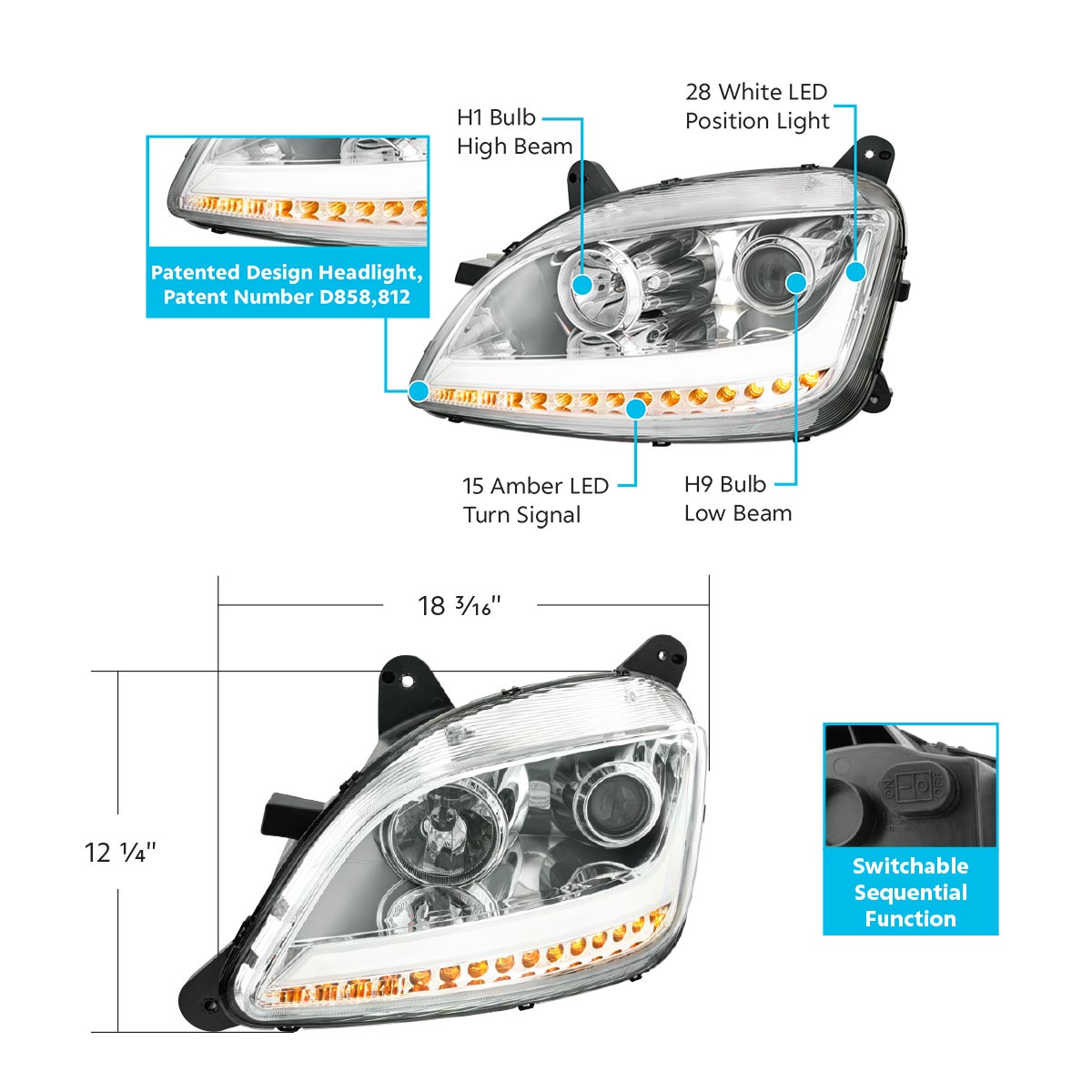 Chrome Projection Headlight With LED Position Light & Sequential Signal For 2012-2021 Peterbilt 579- Driver - Thumbnail 6