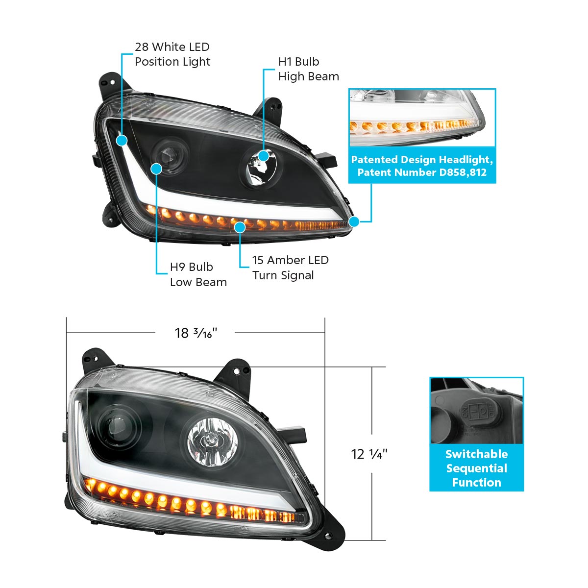 Black Projection Headlight With LED Position & Sequential Signal For 2012-2021 Peterbilt 579- Passenger - Thumbnail 6