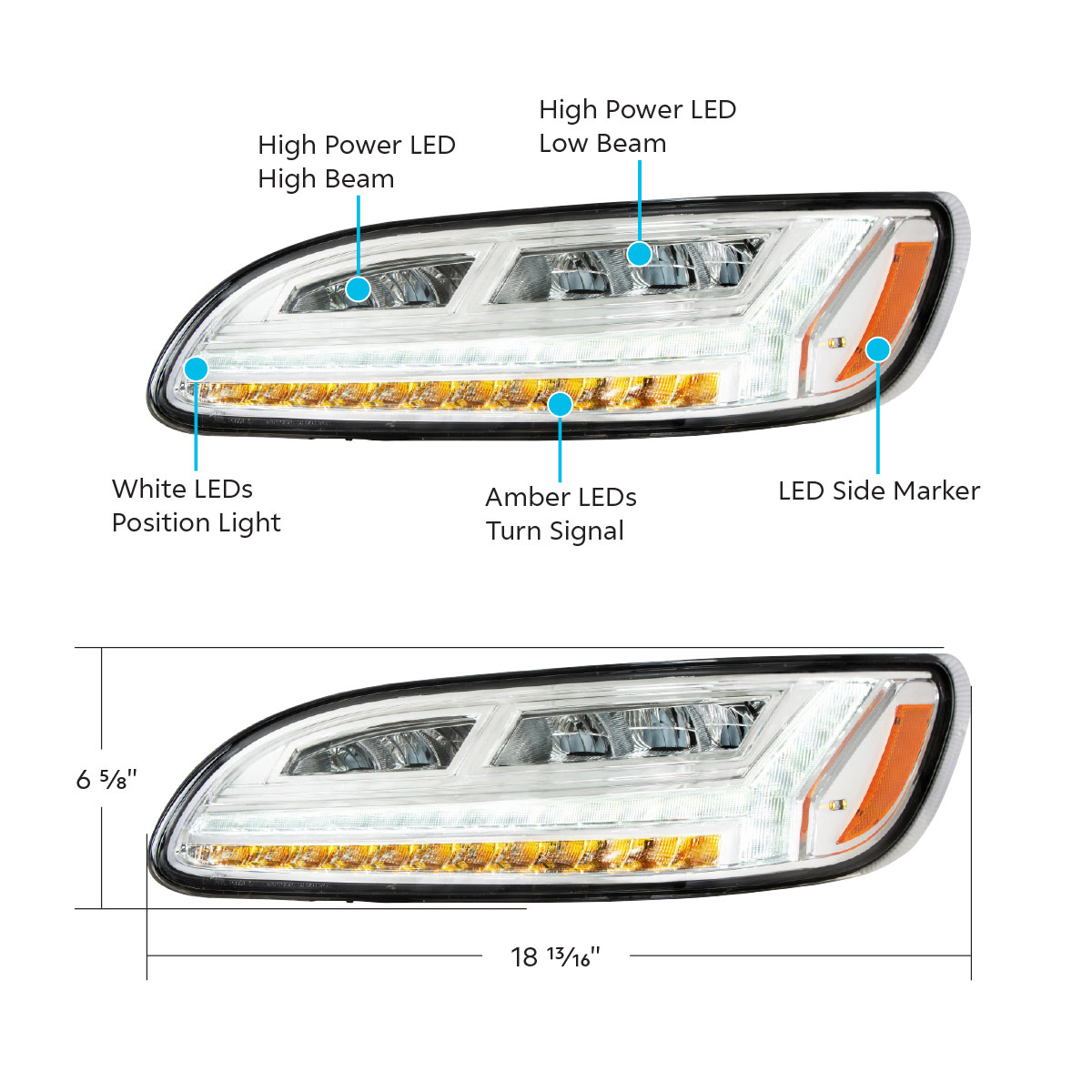 Chrome 6 LED Headlight For Peterbilt 386 (2006-2016) & 387 (2000-2011)- Driver - Thumbnail 6