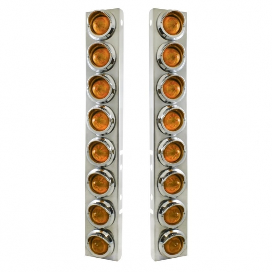 SS Front Air Cleaner Bracket With 16X 9 LED 2" Beehive Lights & Visors For Peterbilt-Amber LED & Lens