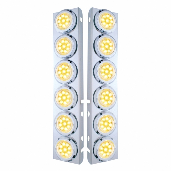 SS Front Air Cleaner Bracket With 12X 9 LED 2" Reflector Lights & Bezels For Peterbilt-Amber LED/Clear Lens