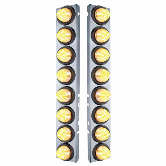 SS Front Air Cleaner Bracket With 16X 9 LED 2" Beehive Lights For Peterbilt -Amber LED/Clear Lens